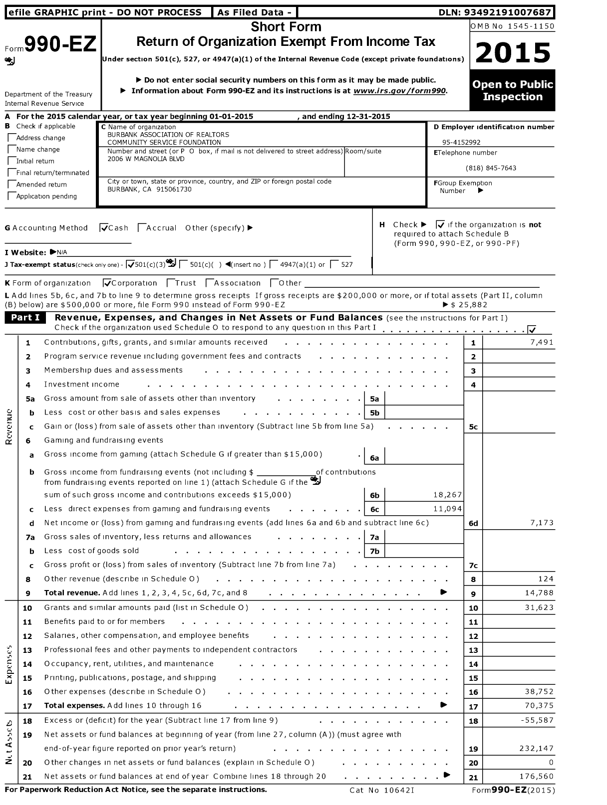 Image of first page of 2015 Form 990EZ for Burbank Association of Realtors Community Service Foundation