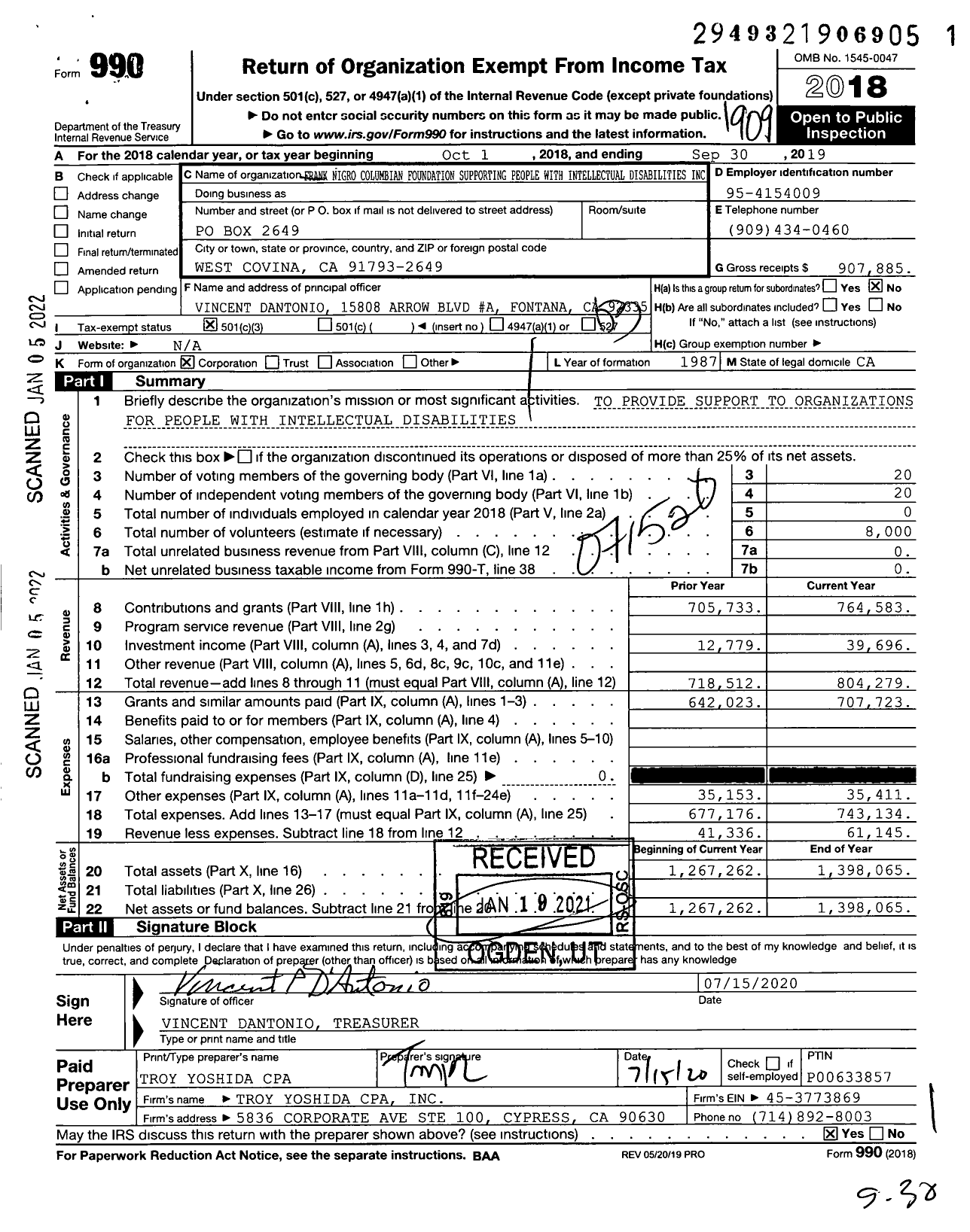 Image of first page of 2018 Form 990 for Frank Nigro Columbian Foundation Supporting People with Intellectual Disabi