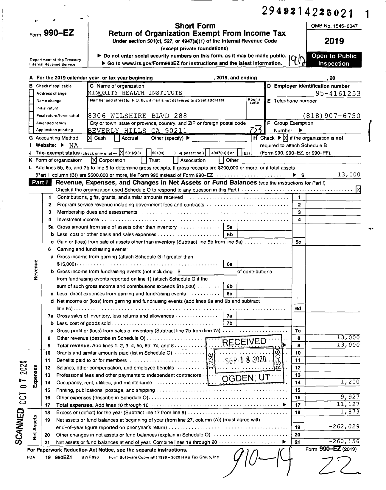 Image of first page of 2019 Form 990EZ for Minority Health Institute