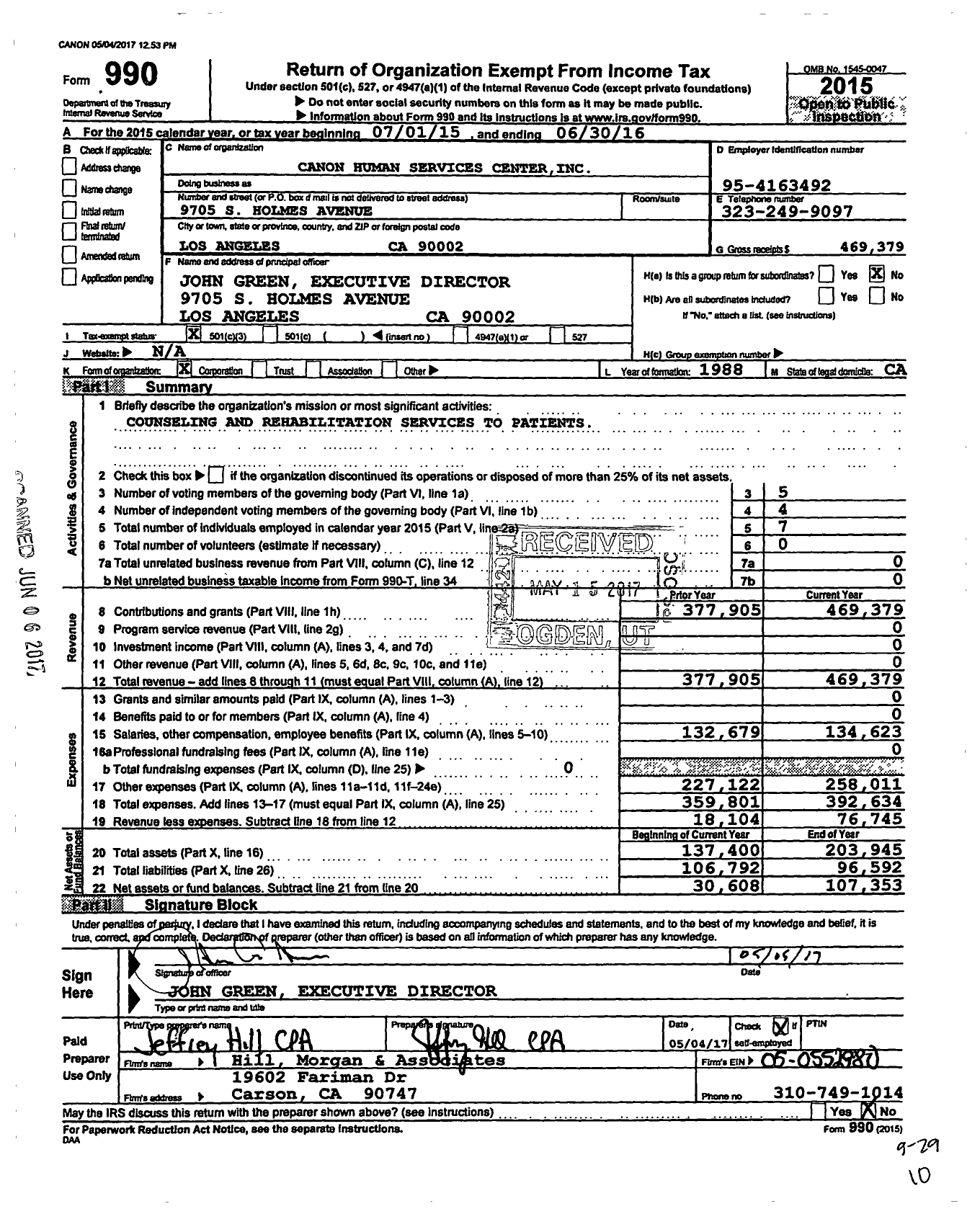 Image of first page of 2015 Form 990 for Canon Human Services Centers