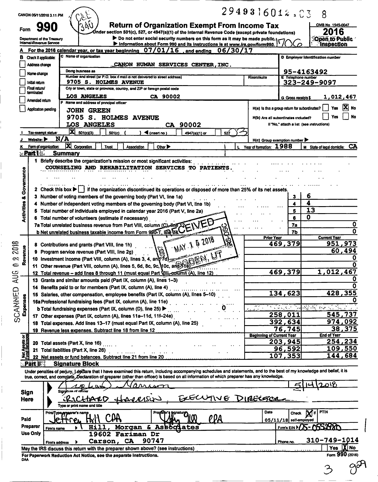 Image of first page of 2016 Form 990 for Canon Human Services Centers