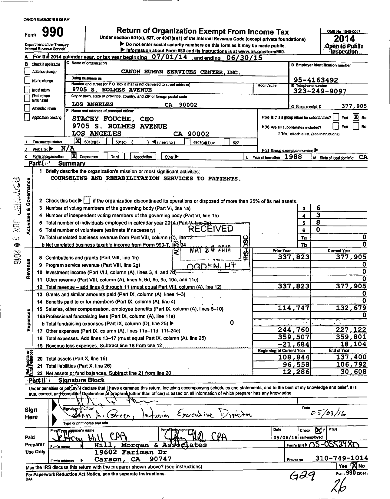 Image of first page of 2014 Form 990 for Canon Human Services Centers