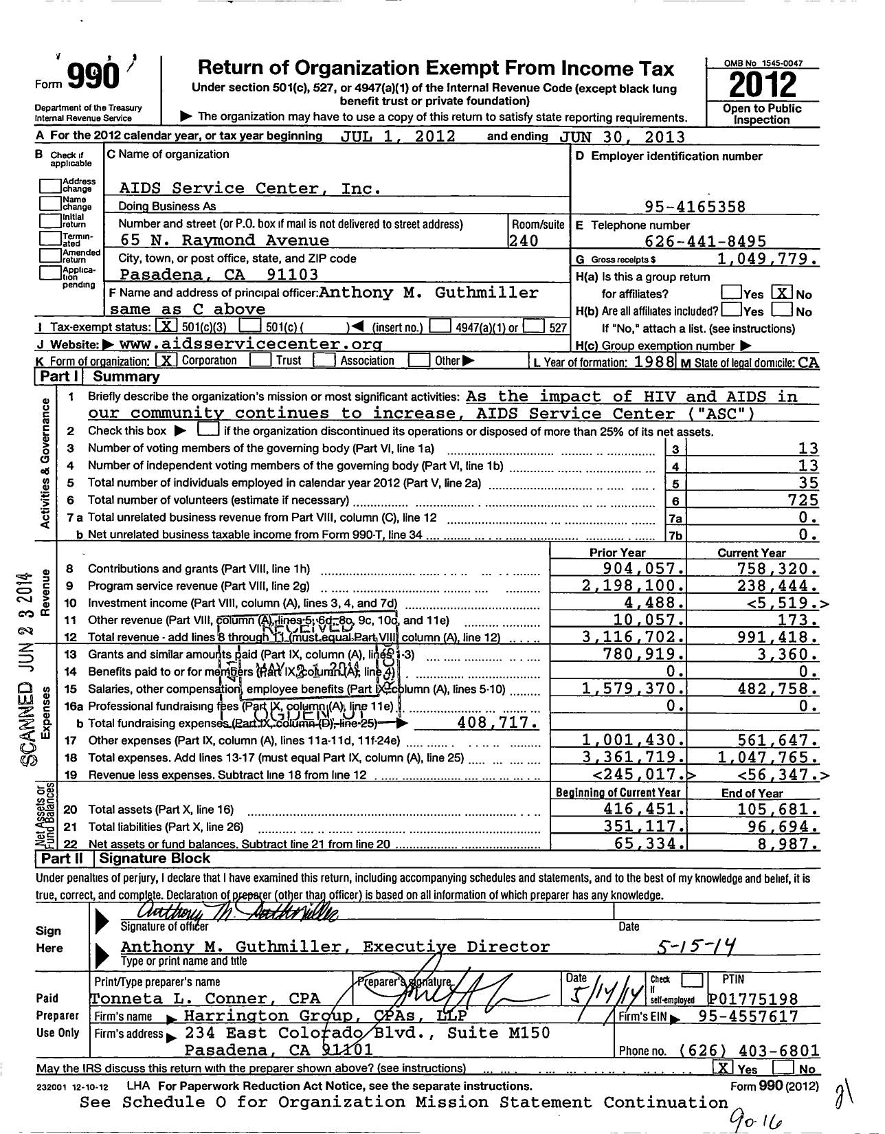 Image of first page of 2012 Form 990 for Aids Services Center (ASC)