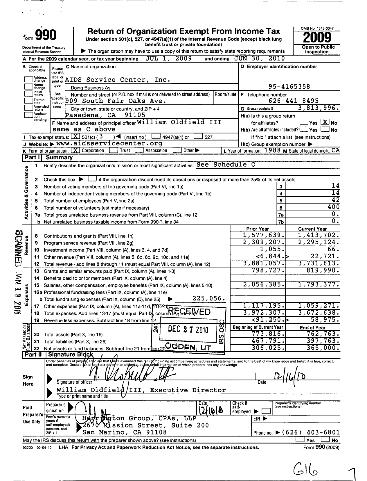 Image of first page of 2009 Form 990 for Aids Services Center (ASC)