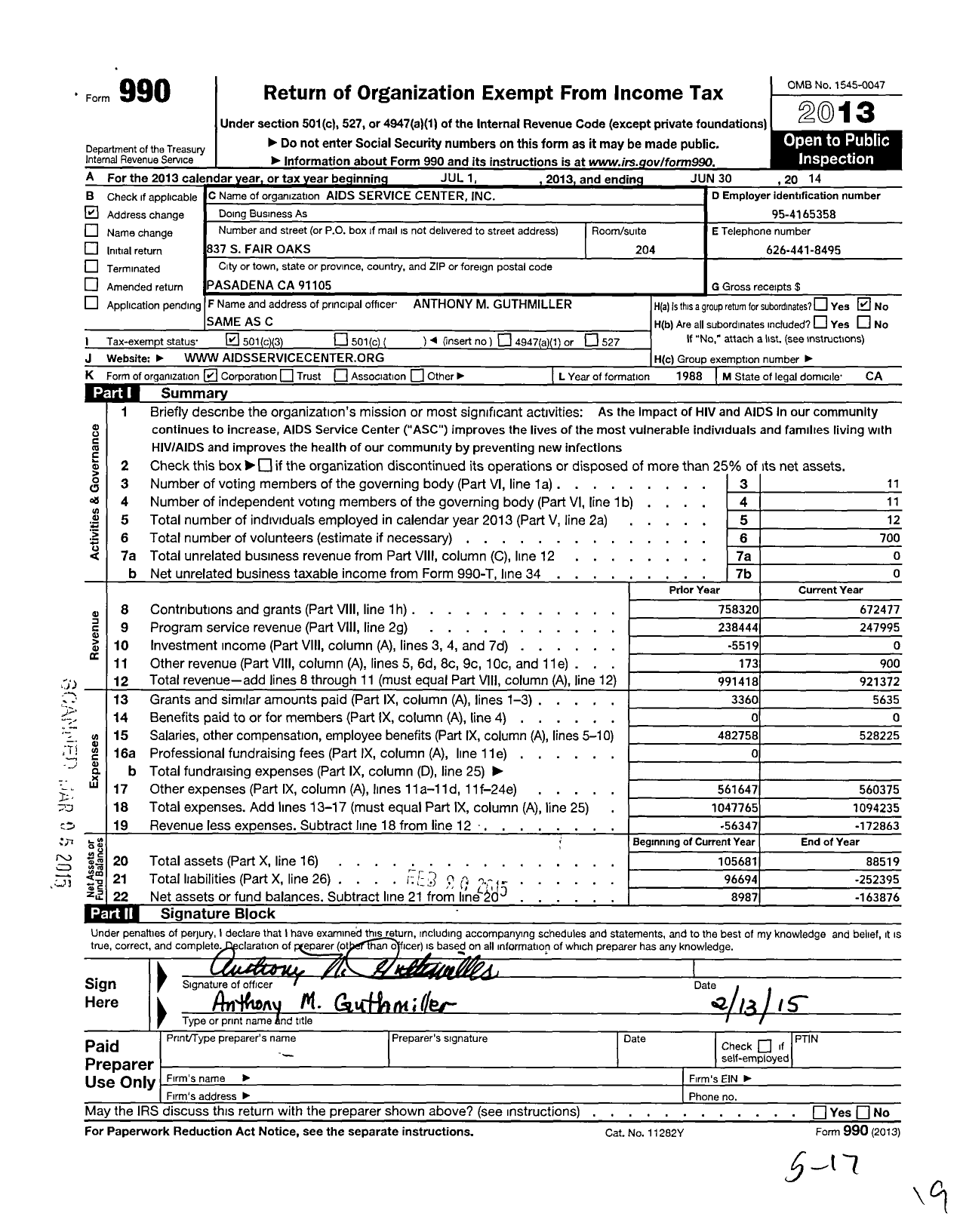 Image of first page of 2013 Form 990 for Aids Services Center (ASC)