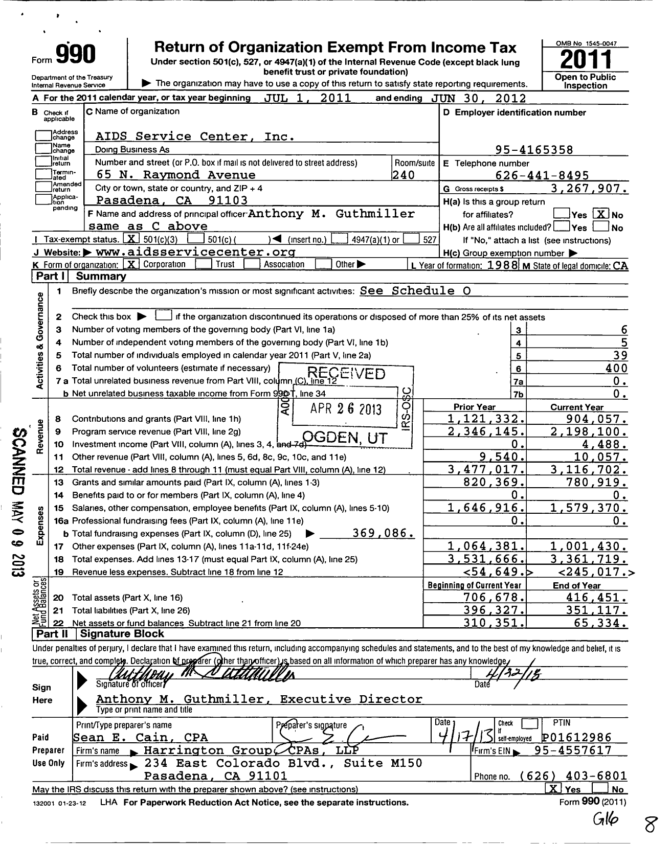 Image of first page of 2011 Form 990 for Aids Services Center (ASC)