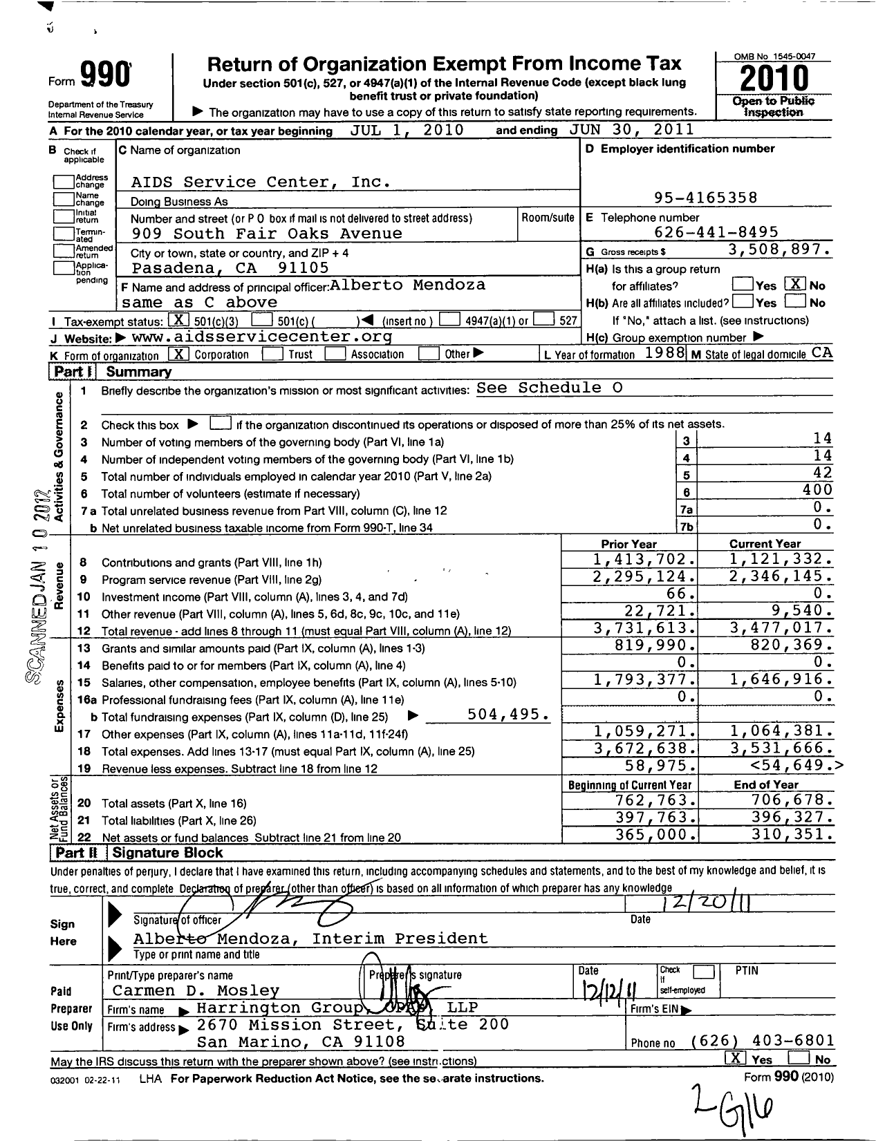 Image of first page of 2010 Form 990 for Aids Services Center (ASC)