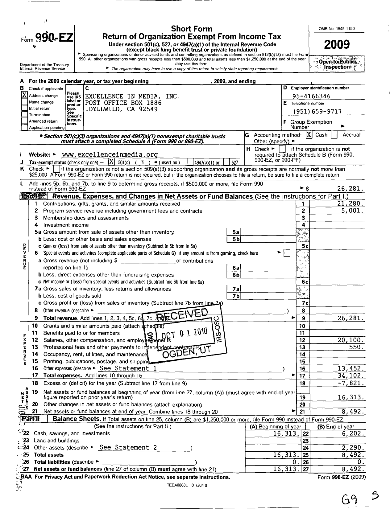 Image of first page of 2009 Form 990EZ for Excellence in Media