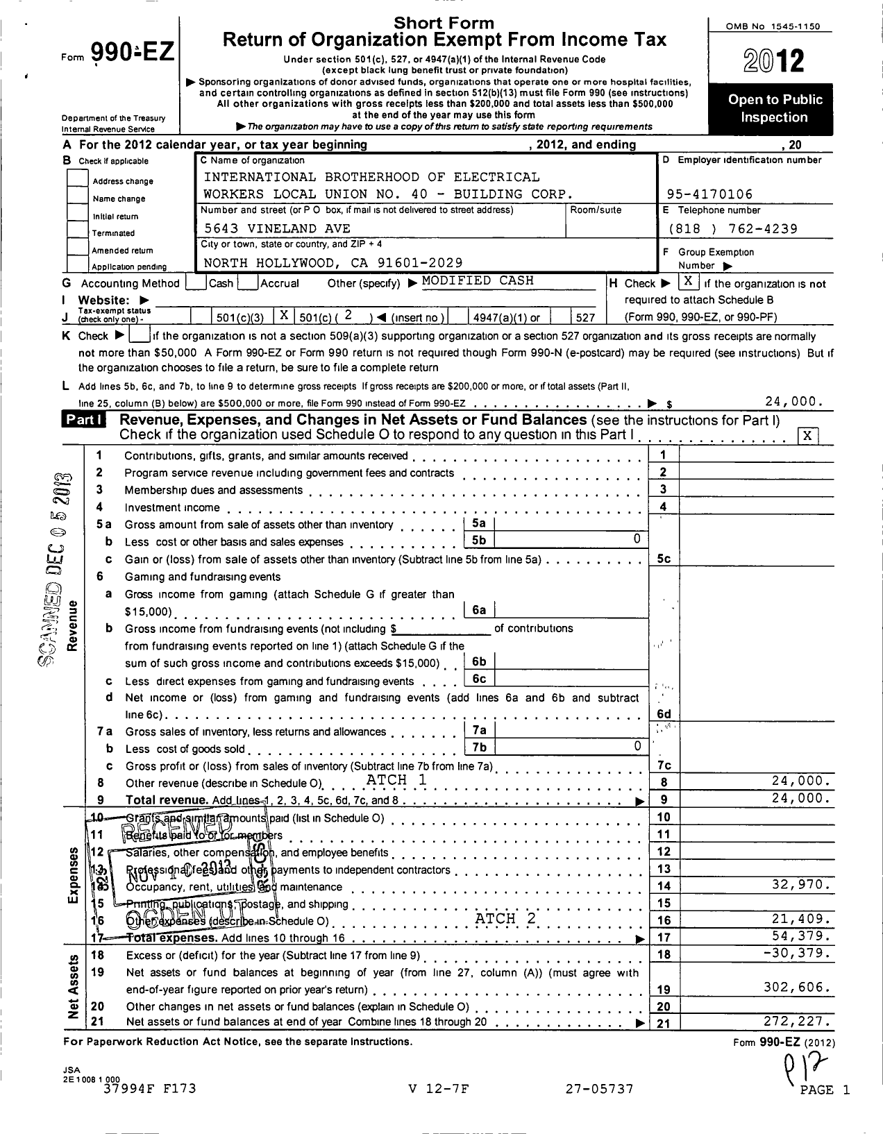 Image of first page of 2012 Form 990EO for International Brotherhood of Electrical Workers Local 40 Building Corporation