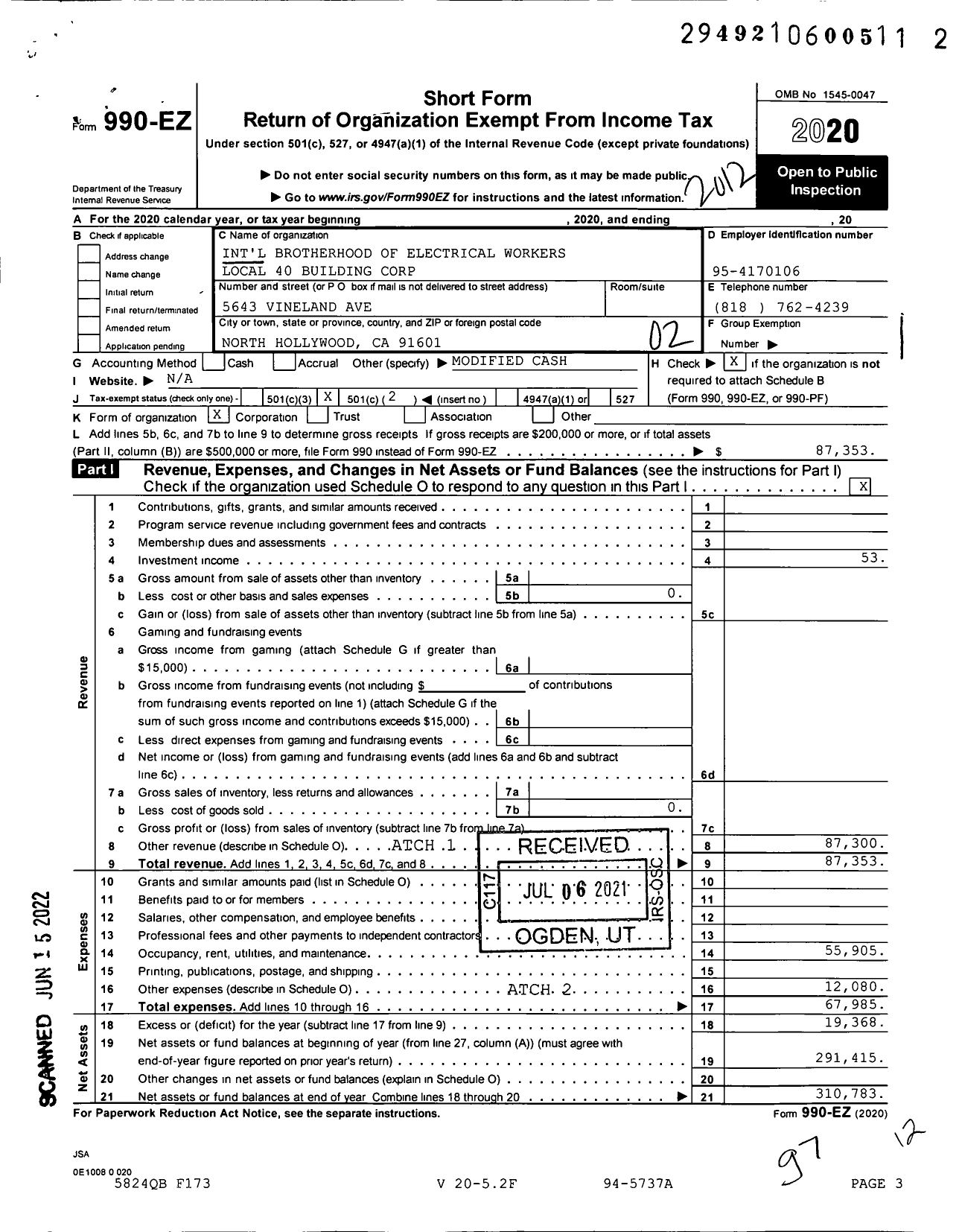 Image of first page of 2020 Form 990EO for International Brotherhood of Electrical Workers Local 40 Building Corporation