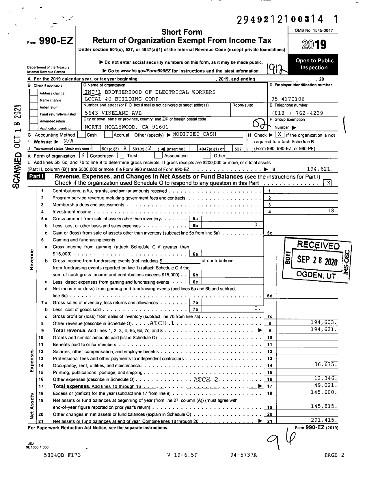 Image of first page of 2019 Form 990EO for International Brotherhood of Electrical Workers Local 40 Building Corporation