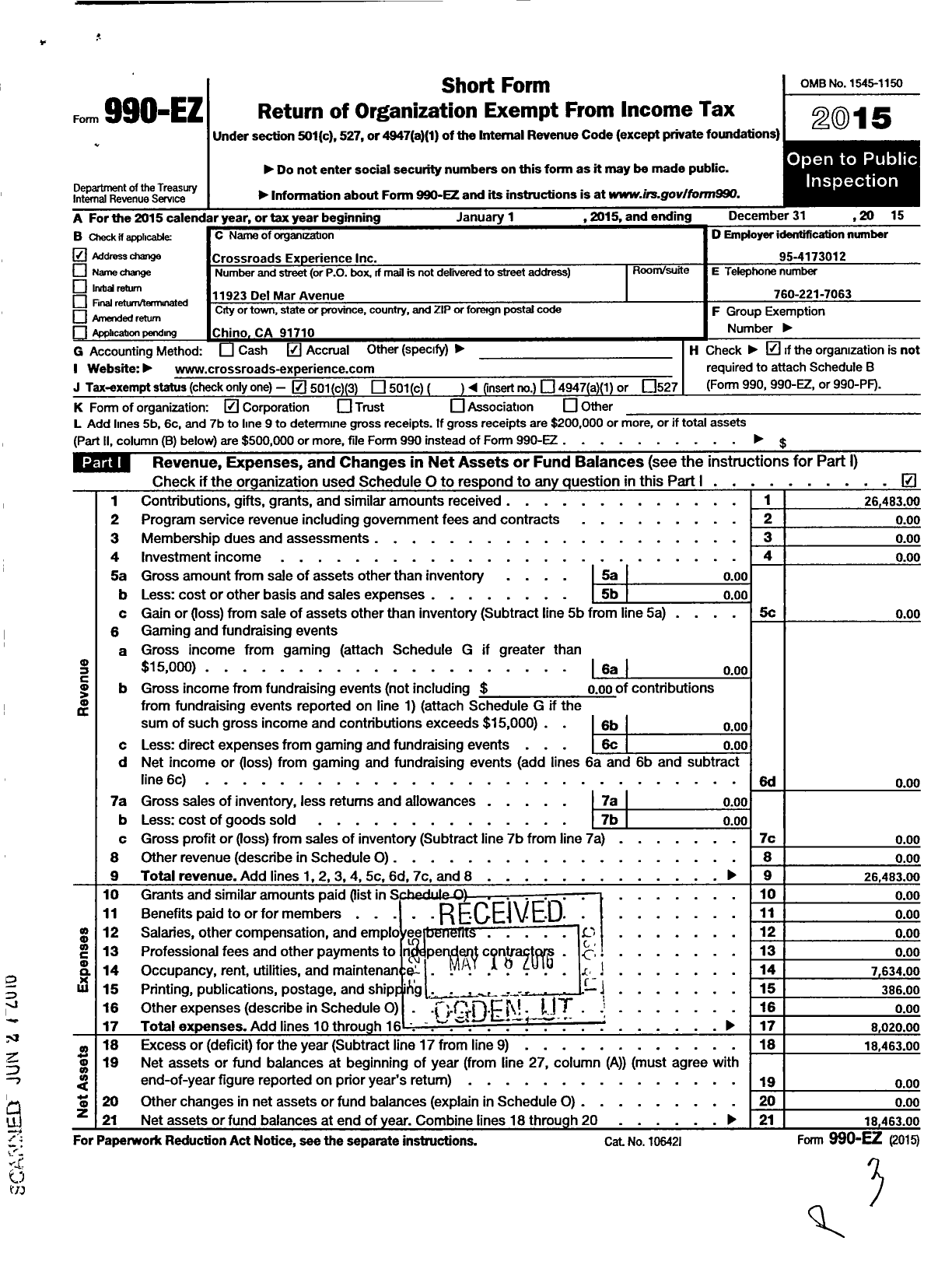 Image of first page of 2015 Form 990EZ for Crossroads Experience