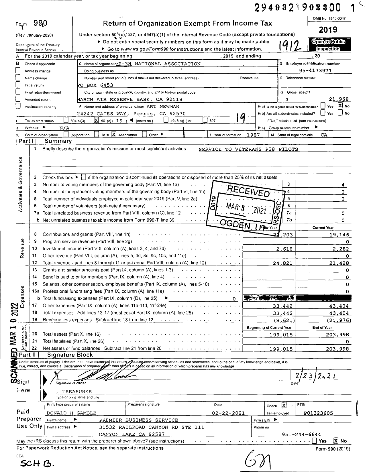 Image of first page of 2019 Form 990O for P-38 National Association