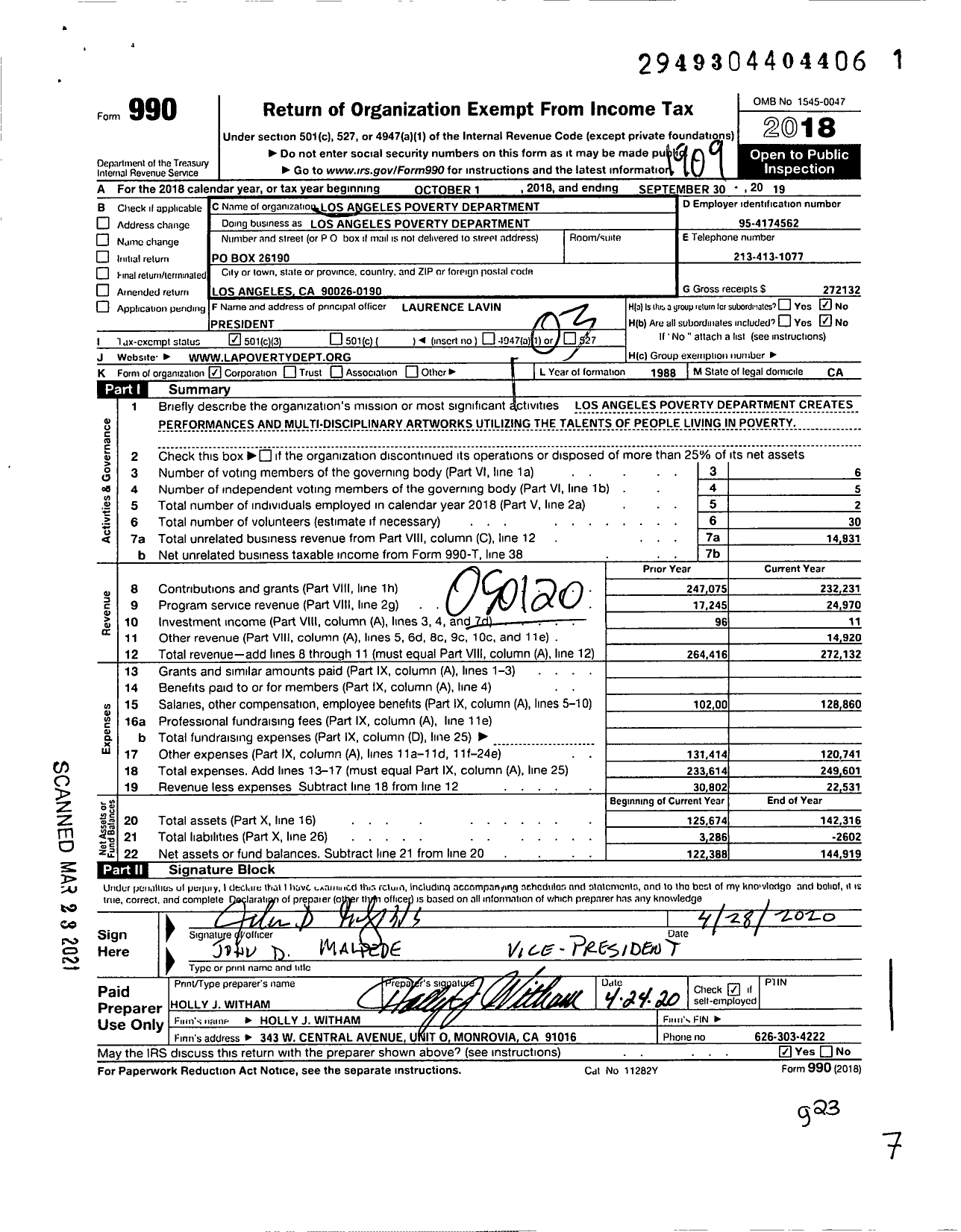 Image of first page of 2018 Form 990 for Los Angeles Poverty Department