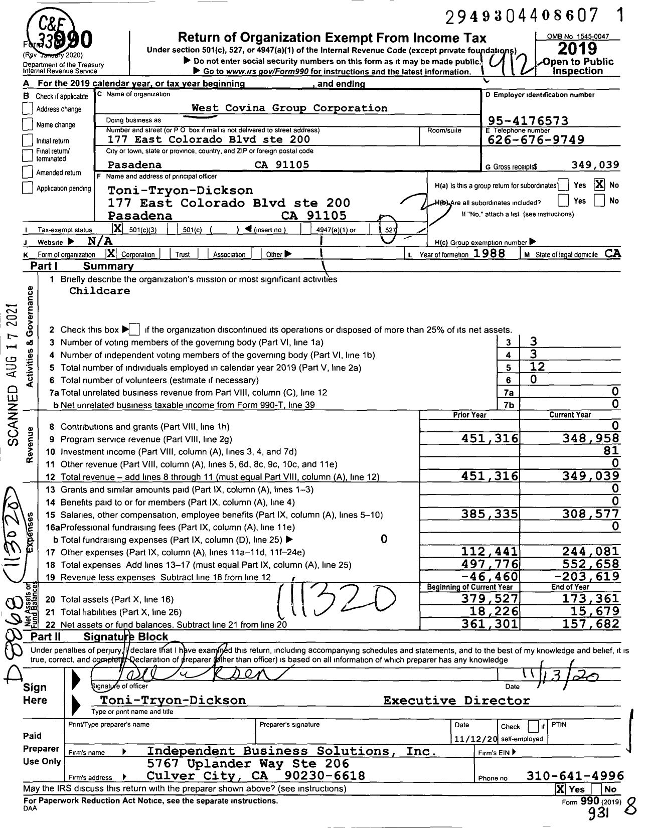 Image of first page of 2019 Form 990 for West Covina Group Corporation