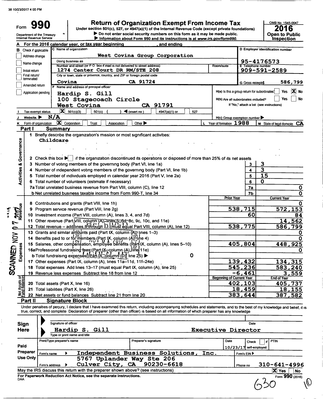 Image of first page of 2016 Form 990 for West Covina Group Corporation