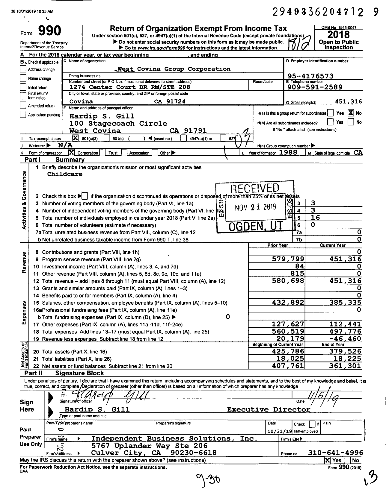 Image of first page of 2018 Form 990 for West Covina Group Corporation