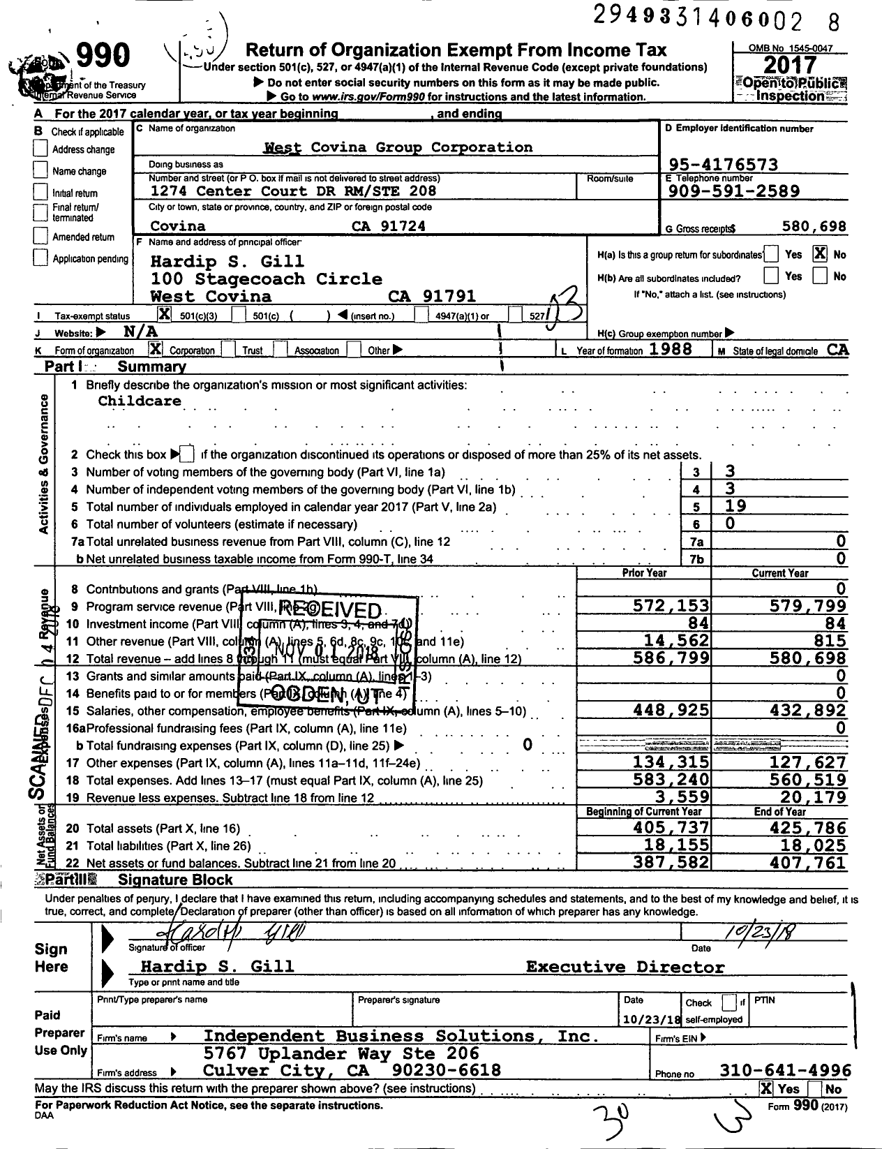 Image of first page of 2017 Form 990 for West Covina Group Corporation