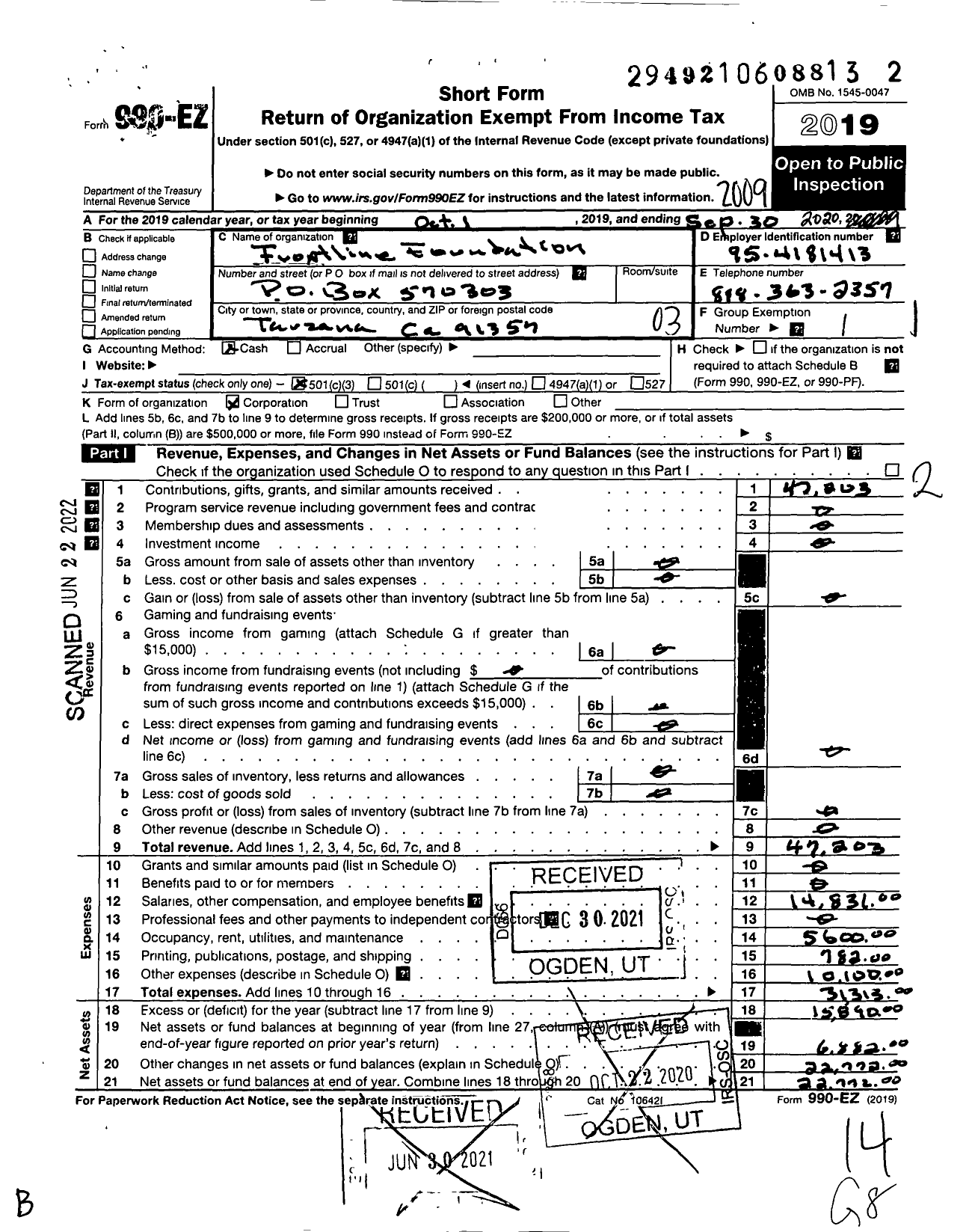 Image of first page of 2019 Form 990EZ for Frontline Foundation