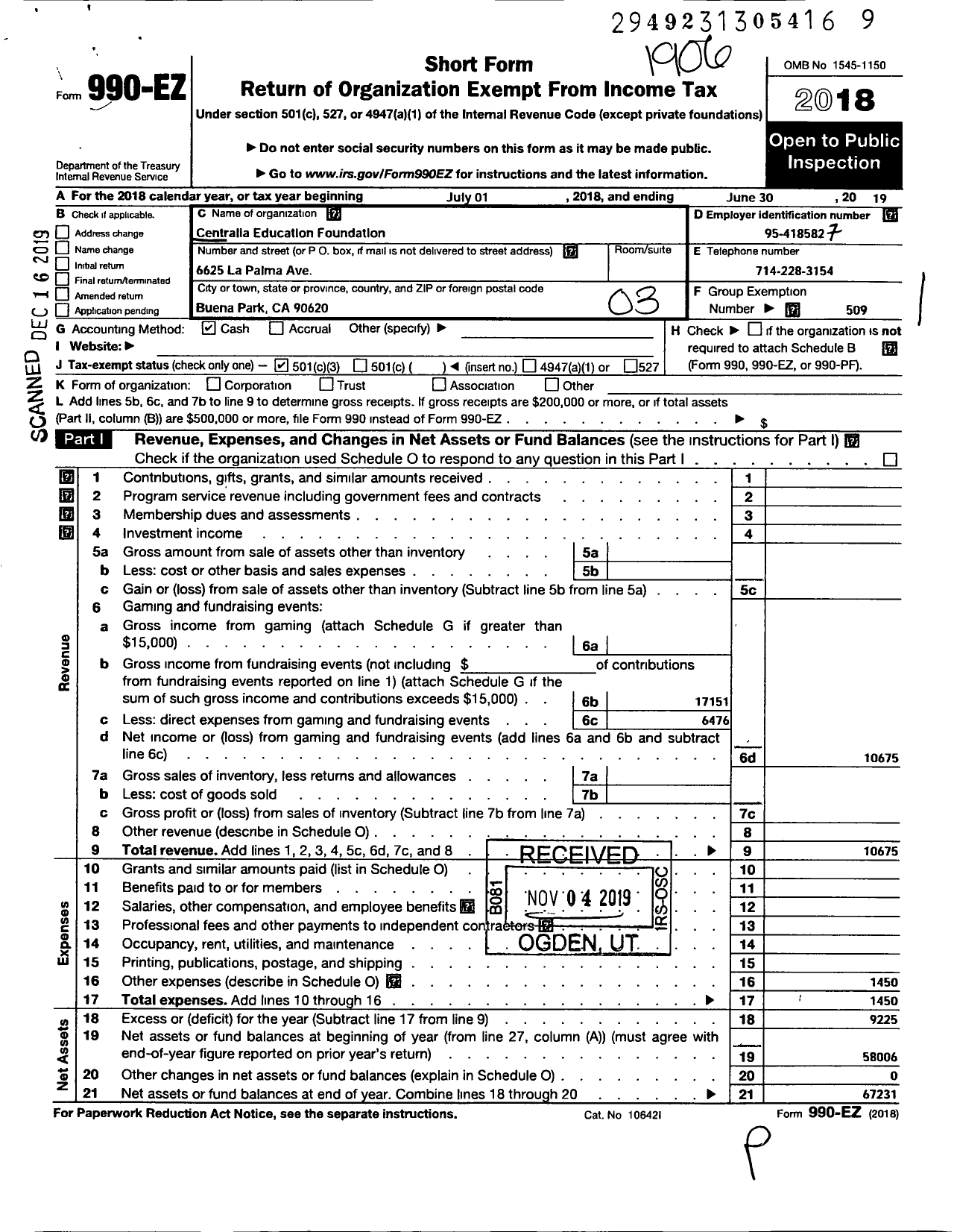 Image of first page of 2018 Form 990EZ for Centralia Education Foundation