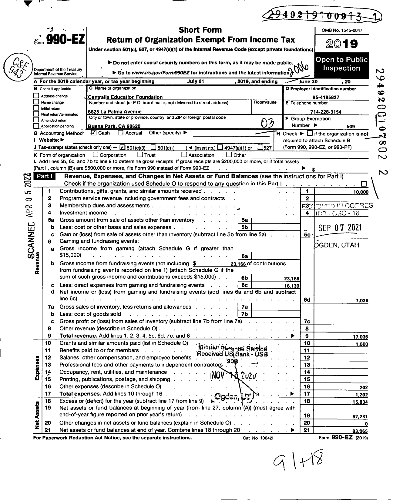 Image of first page of 2019 Form 990EZ for Centralia Education Foundation