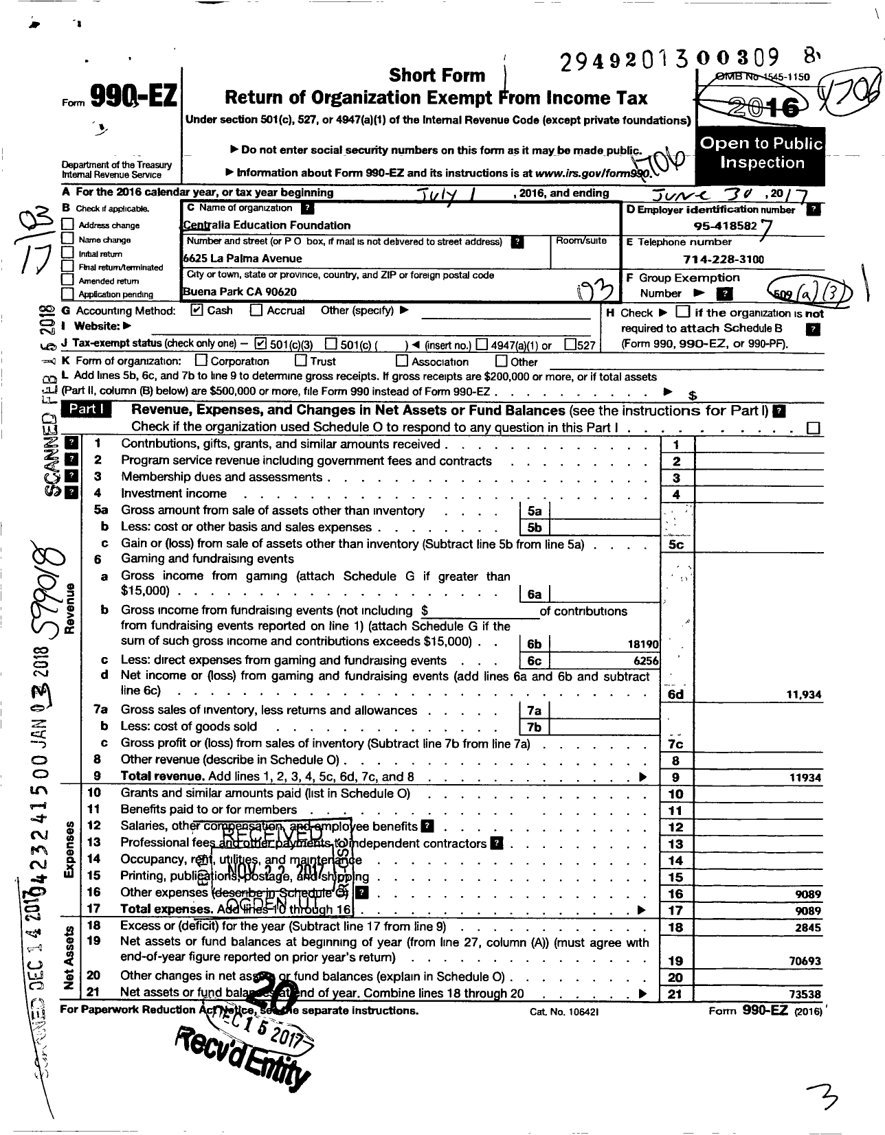 Image of first page of 2016 Form 990EZ for Centralia Education Foundation