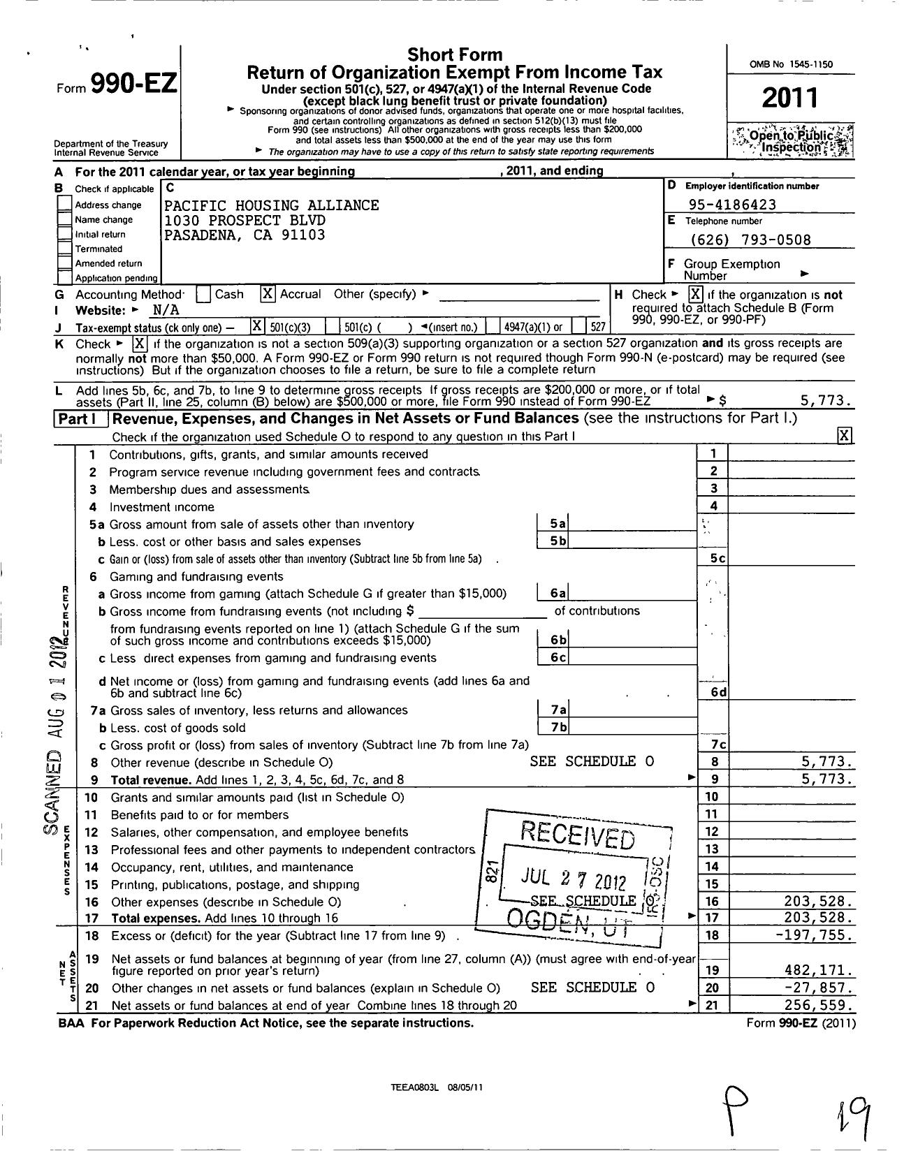 Image of first page of 2011 Form 990EZ for Pacific Housing Alliance Corporation