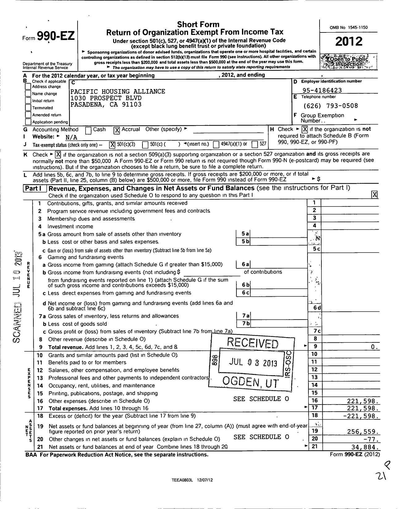 Image of first page of 2012 Form 990EZ for Pacific Housing Alliance Corporation