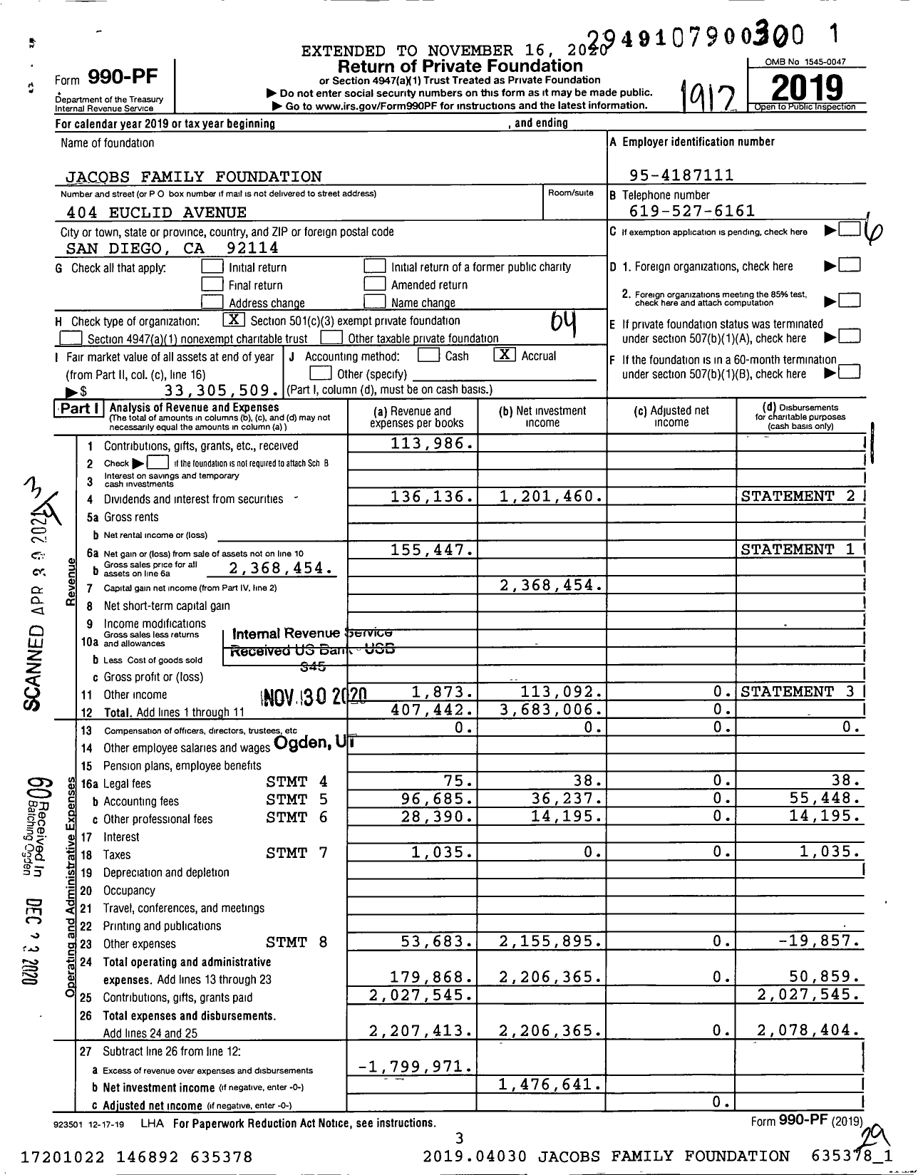 Image of first page of 2019 Form 990PF for Jacobs Family Foundation