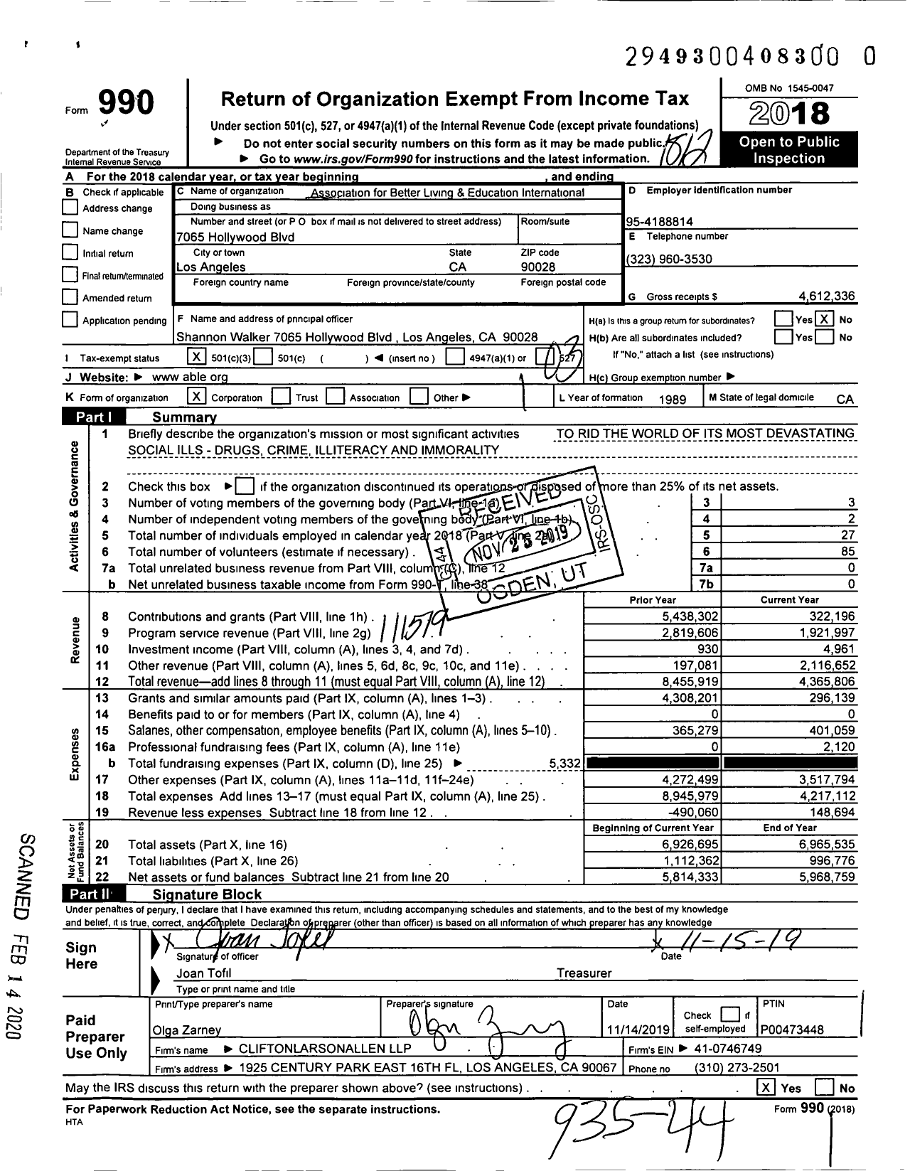 Image of first page of 2018 Form 990 for Able International