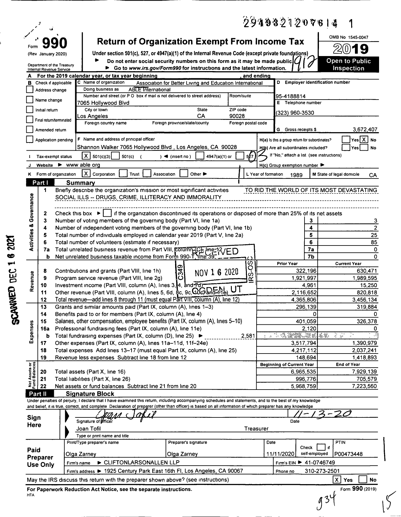 Image of first page of 2019 Form 990 for Able International