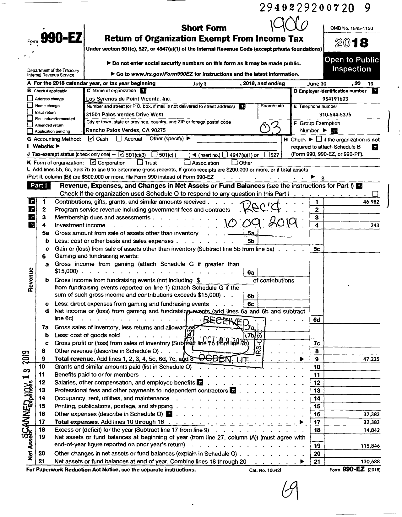 Image of first page of 2018 Form 990EZ for Los Serenos de Point Vicente