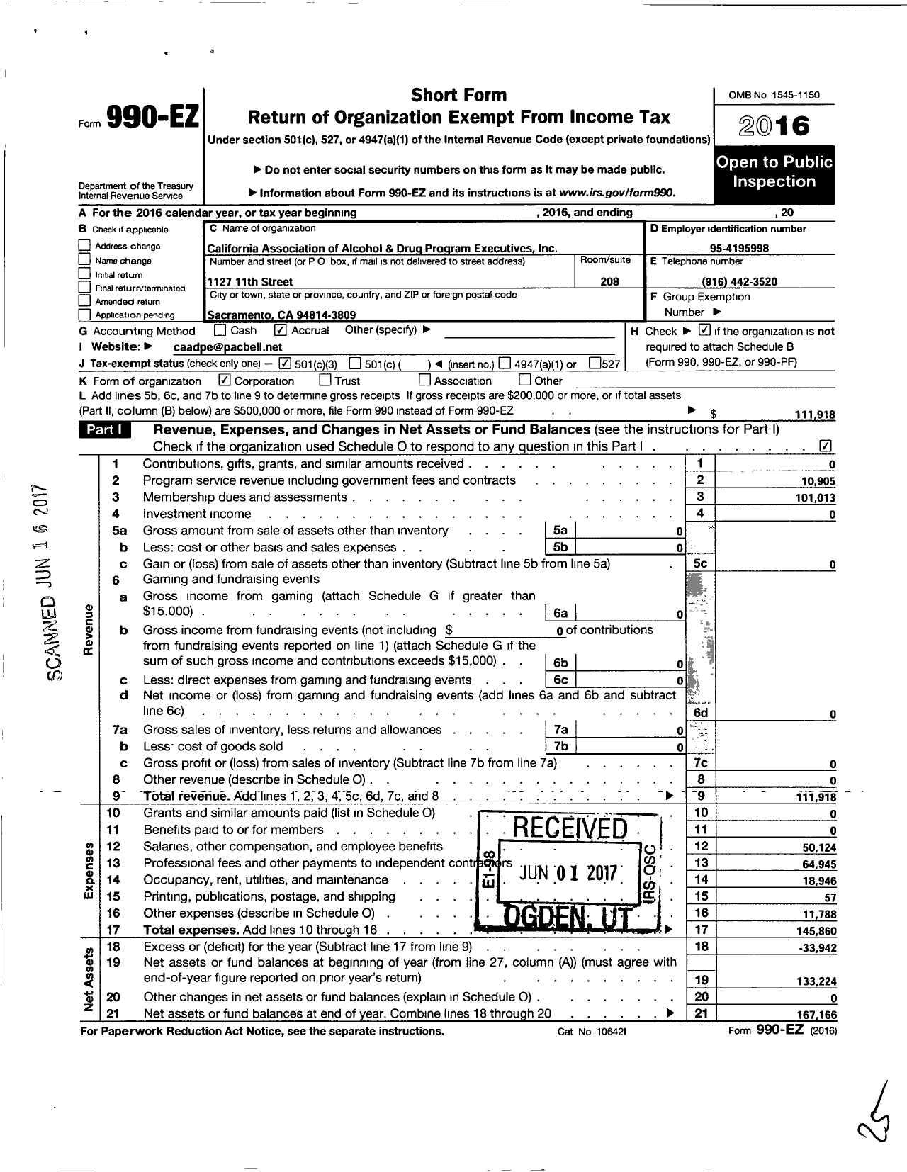Image of first page of 2016 Form 990EZ for California Association of Alcohol and Drug Program Executives