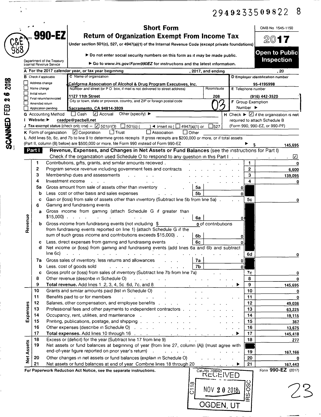 Image of first page of 2017 Form 990EZ for California Association of Alcohol and Drug Program Executives