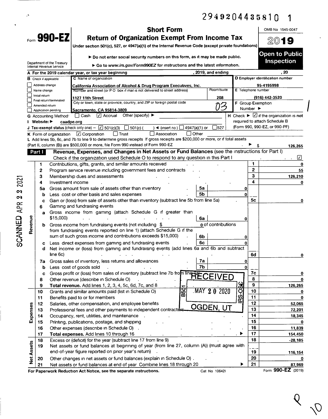 Image of first page of 2019 Form 990EZ for California Association of Alcohol and Drug Program Executives