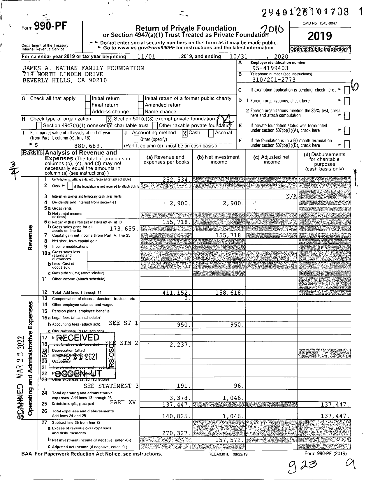 Image of first page of 2019 Form 990PF for James A Nathan Family Foundation