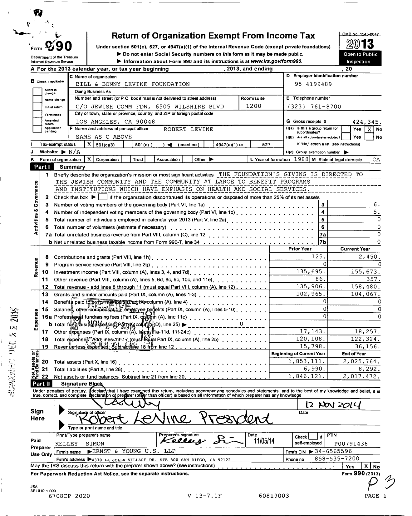 Image of first page of 2013 Form 990 for Bill and Bonny Levine Foundation