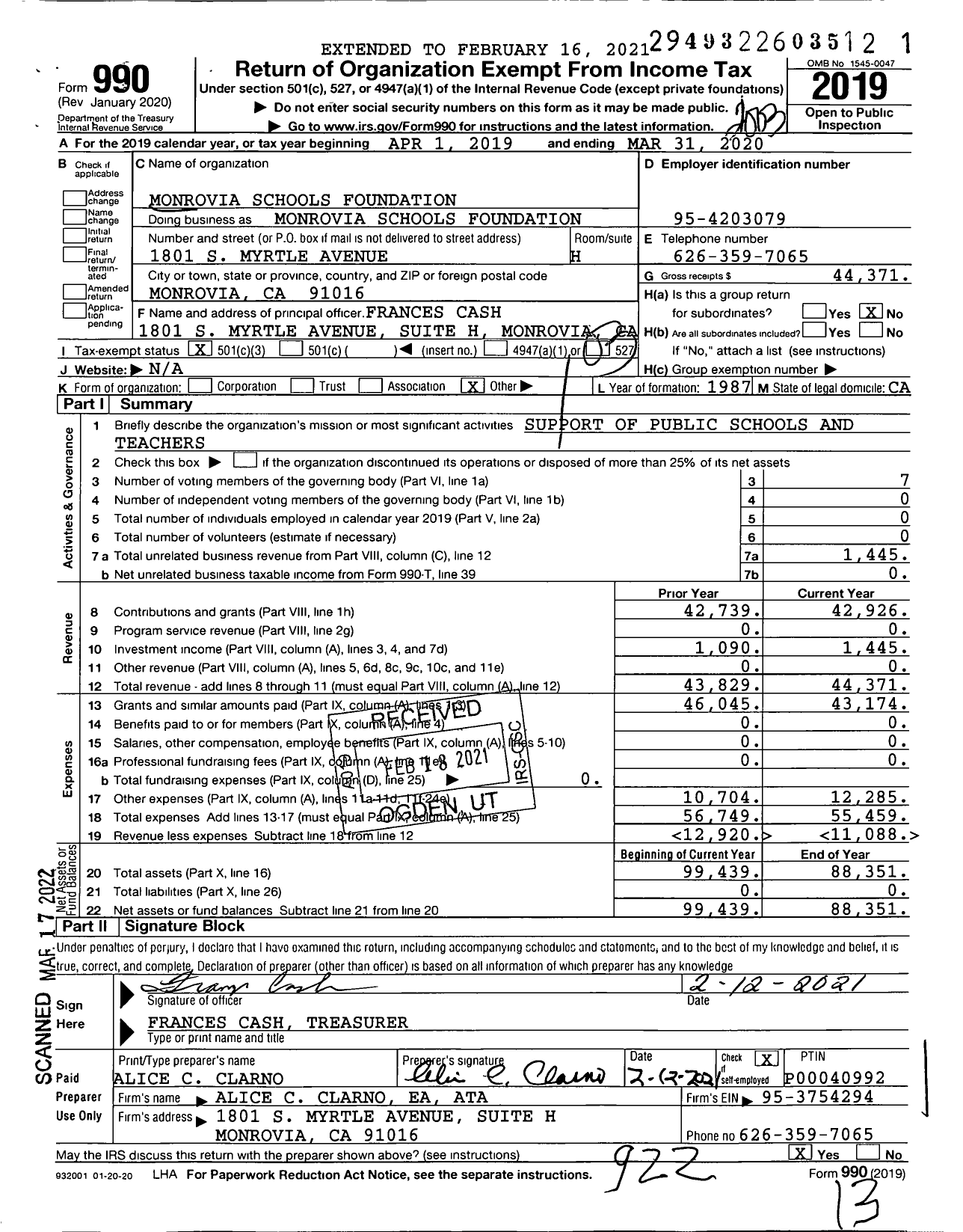 Image of first page of 2019 Form 990 for Monrovia Schools Foundation