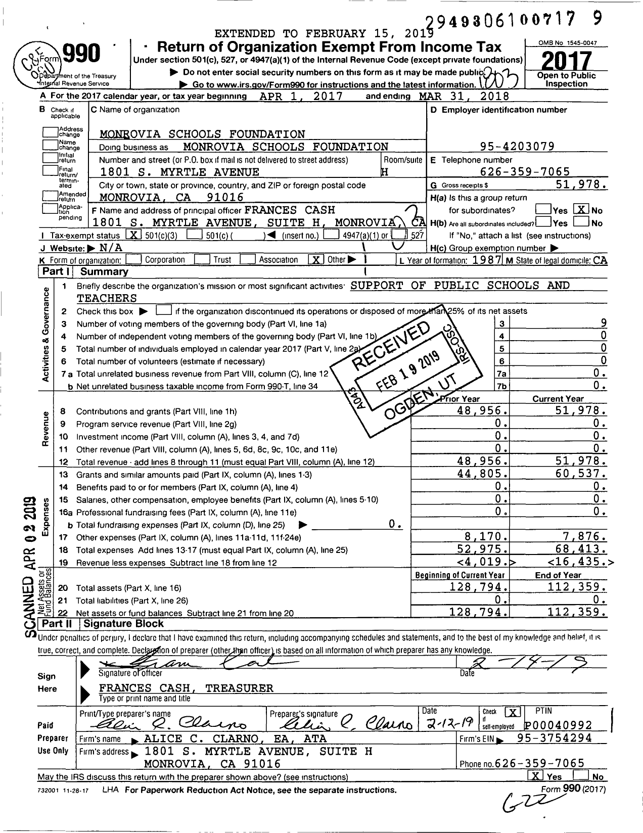 Image of first page of 2017 Form 990 for Monrovia Schools Foundation