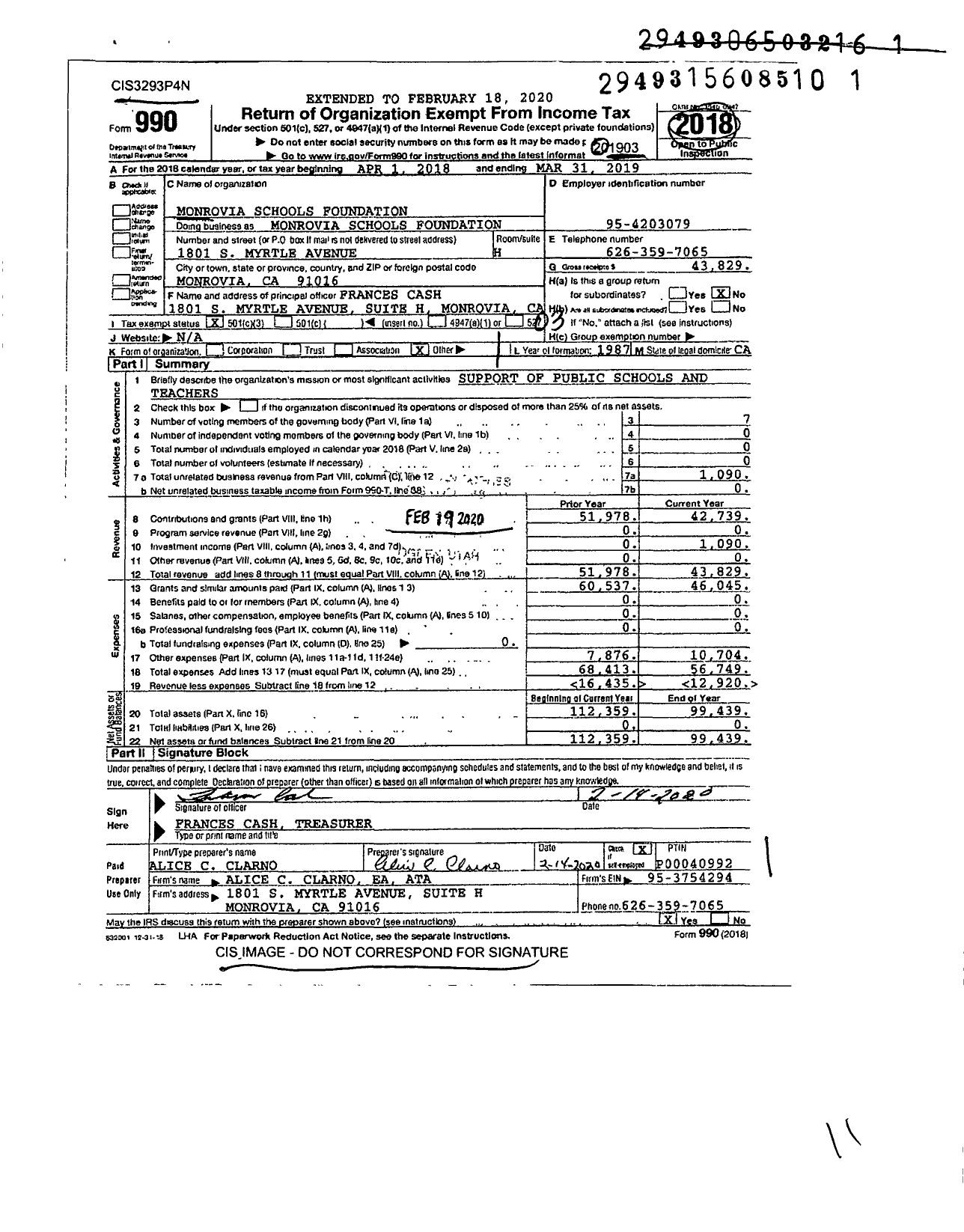 Image of first page of 2018 Form 990 for Monrovia Schools Foundation