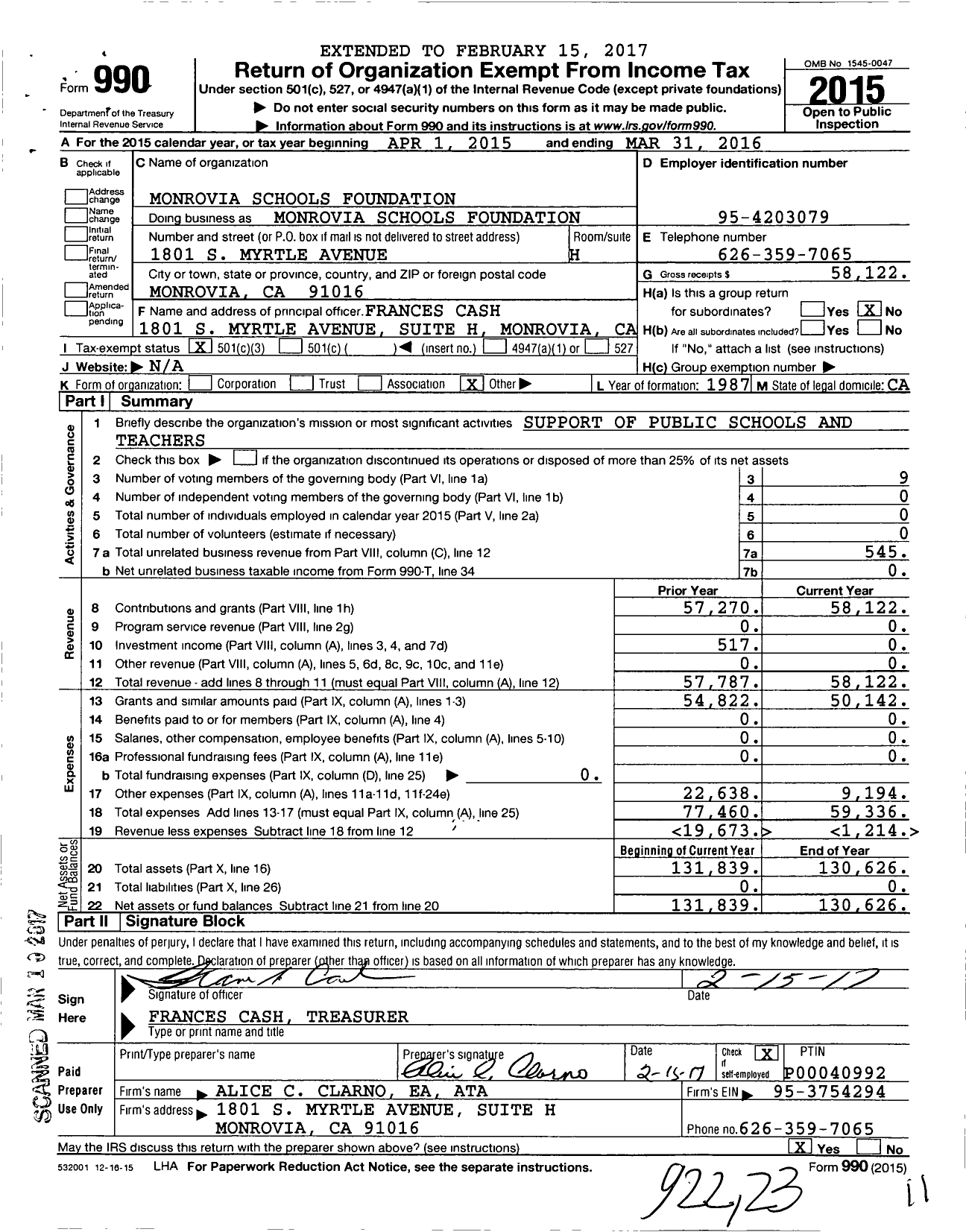 Image of first page of 2015 Form 990 for Monrovia Schools Foundation