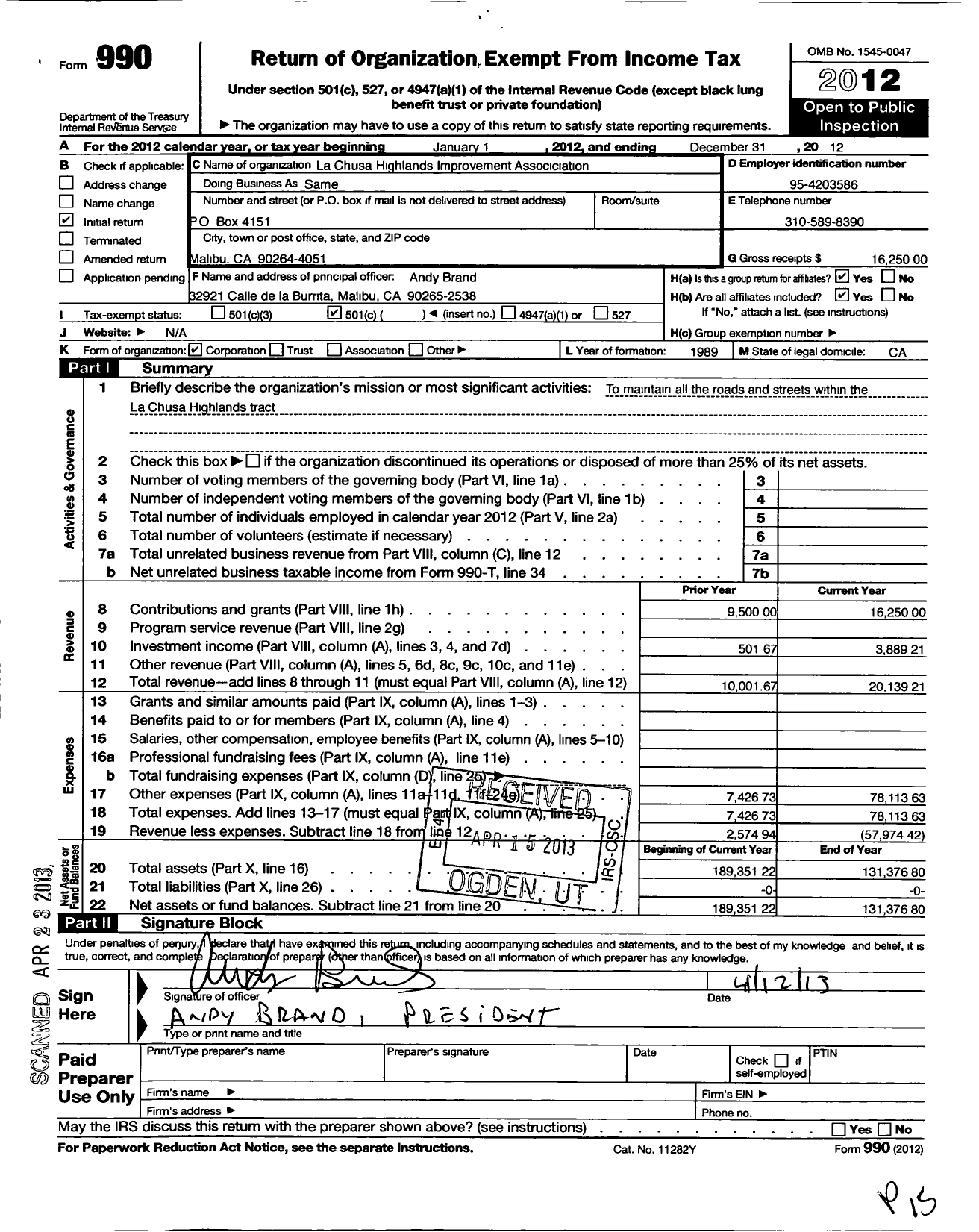 Image of first page of 2012 Form 990O for La Chusa Highlands Improvement Association