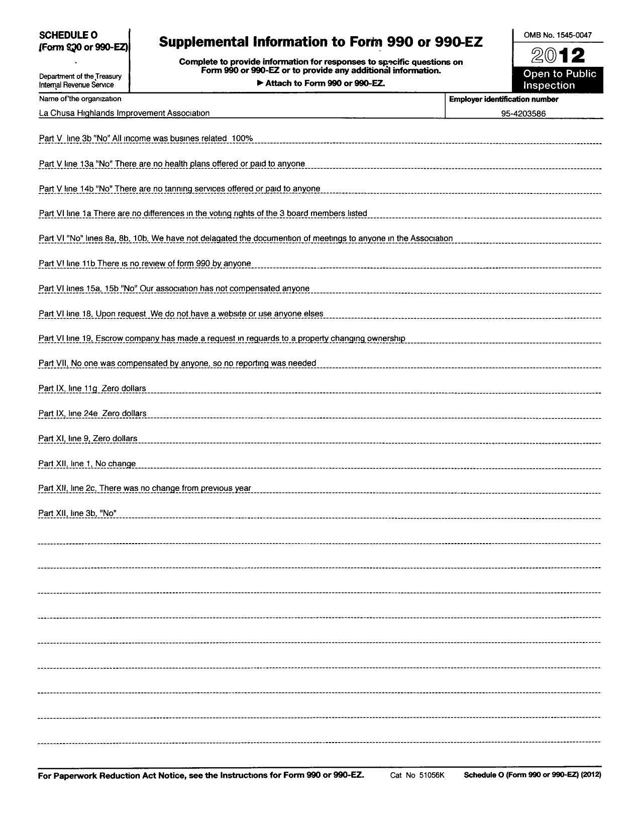 Image of first page of 2012 Form 990R for La Chusa Highlands Improvement Association