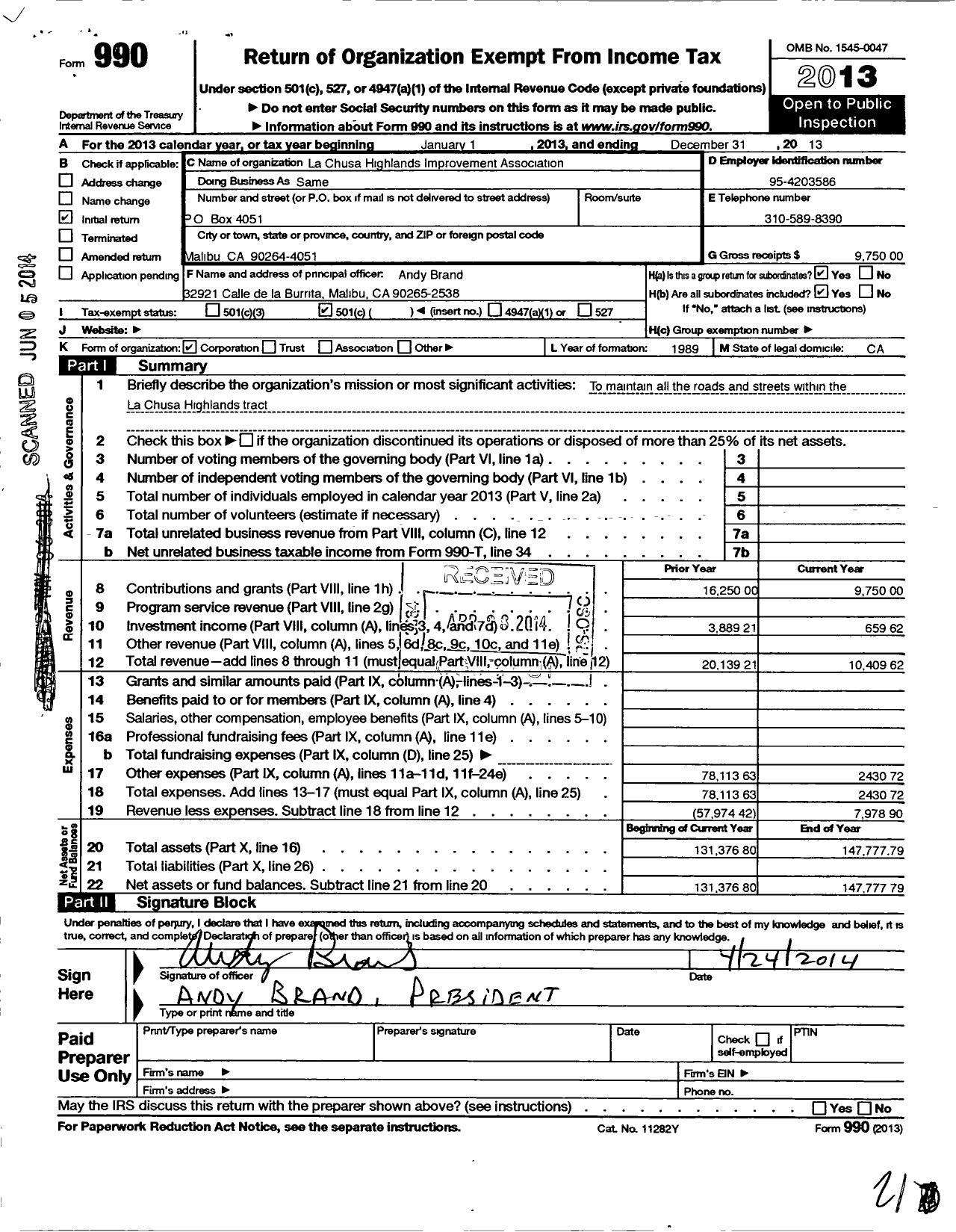 Image of first page of 2013 Form 990O for La Chusa Highlands Improvement Association