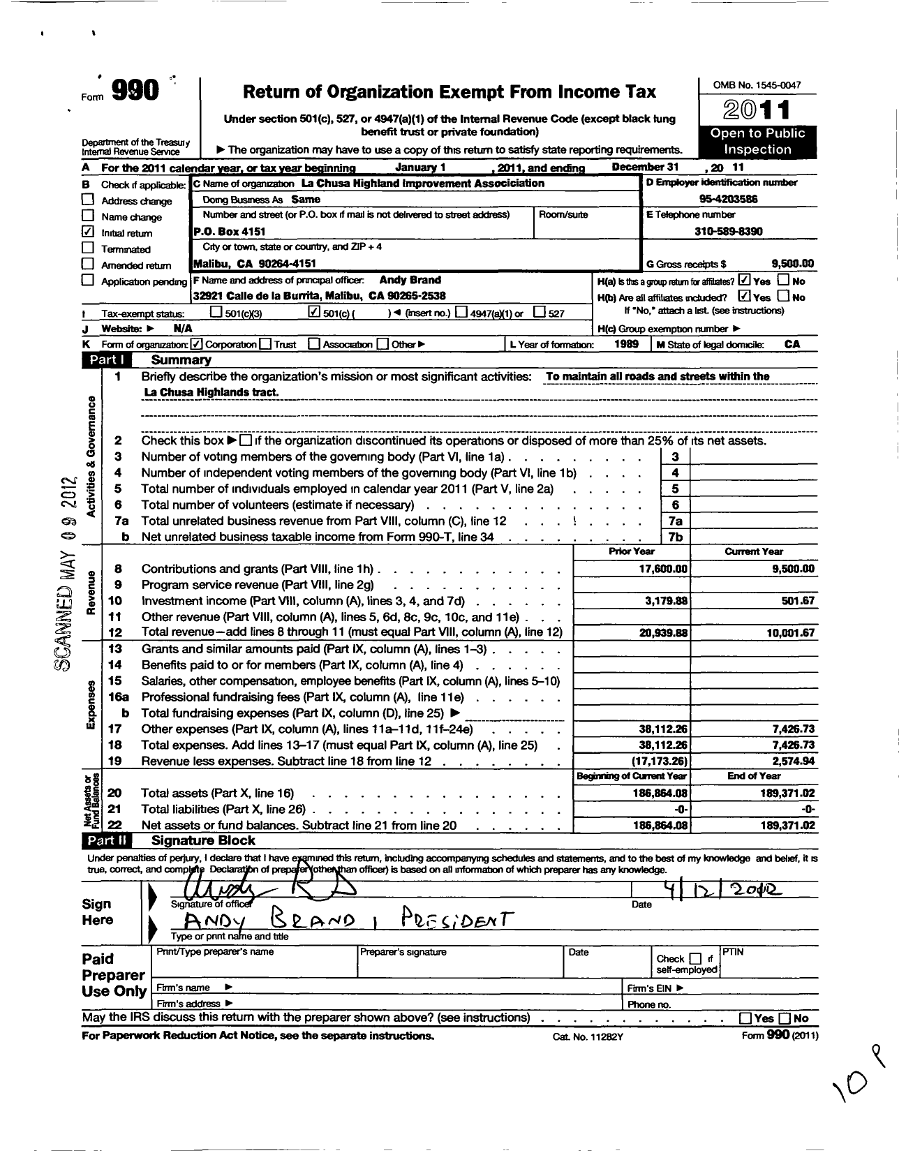 Image of first page of 2011 Form 990O for La Chusa Highlands Improvement Association