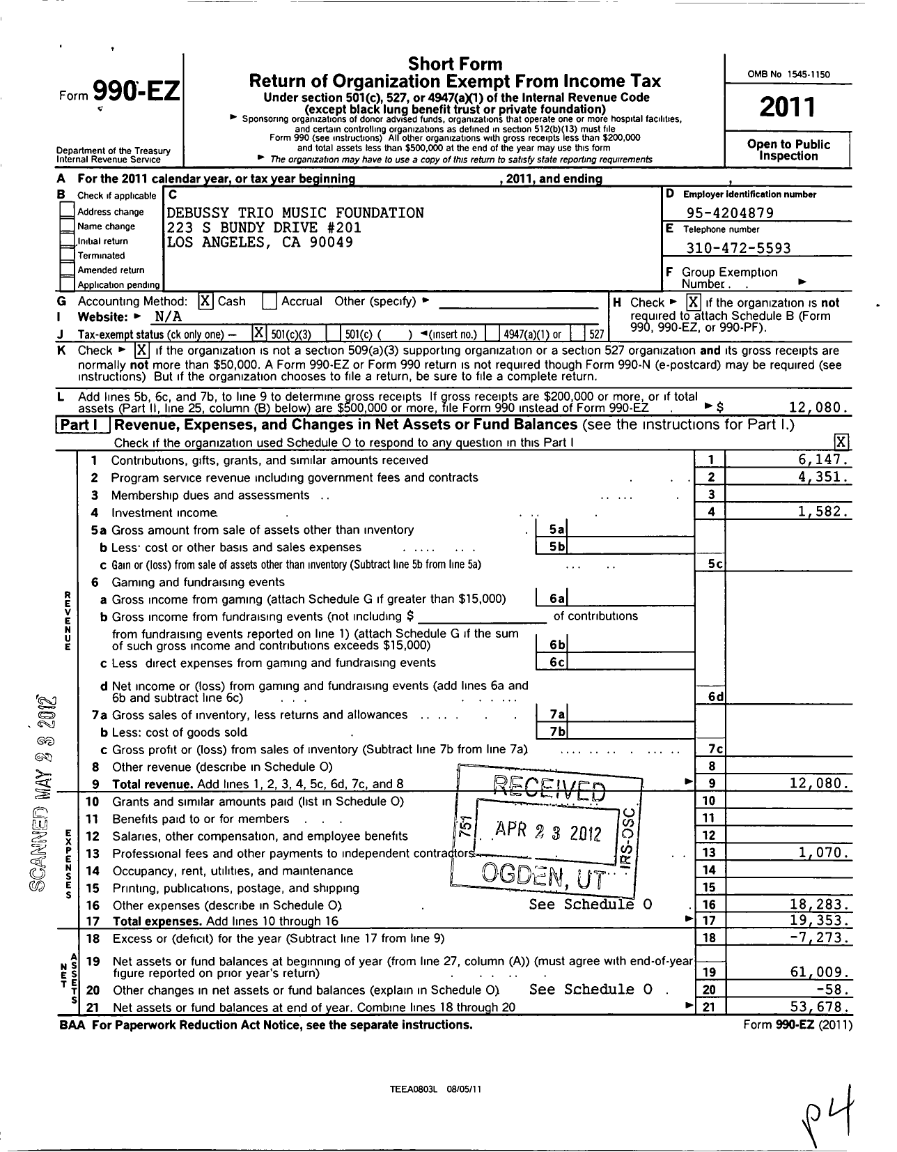 Image of first page of 2011 Form 990EZ for The Debussy Trio Music Foundation