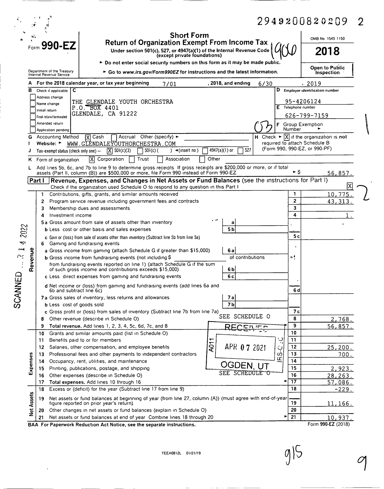 Image of first page of 2018 Form 990EZ for The Glendale Youth Orchestra