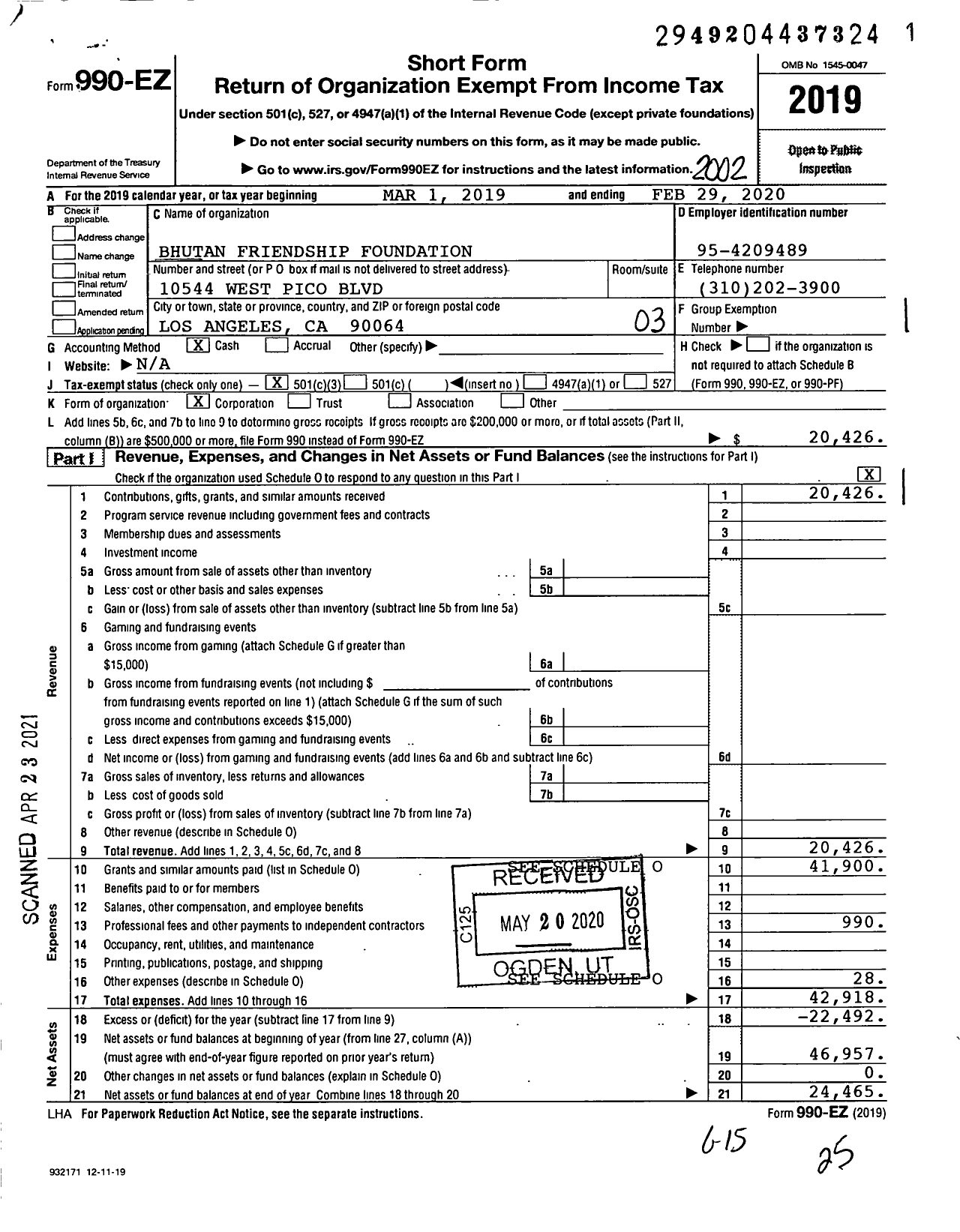 Image of first page of 2019 Form 990EZ for Bhutan Friendship Foundation