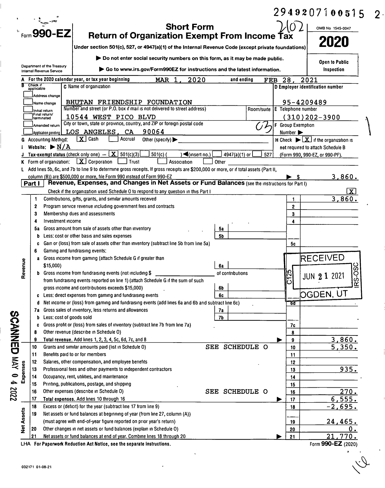 Image of first page of 2020 Form 990EZ for Bhutan Friendship Foundation