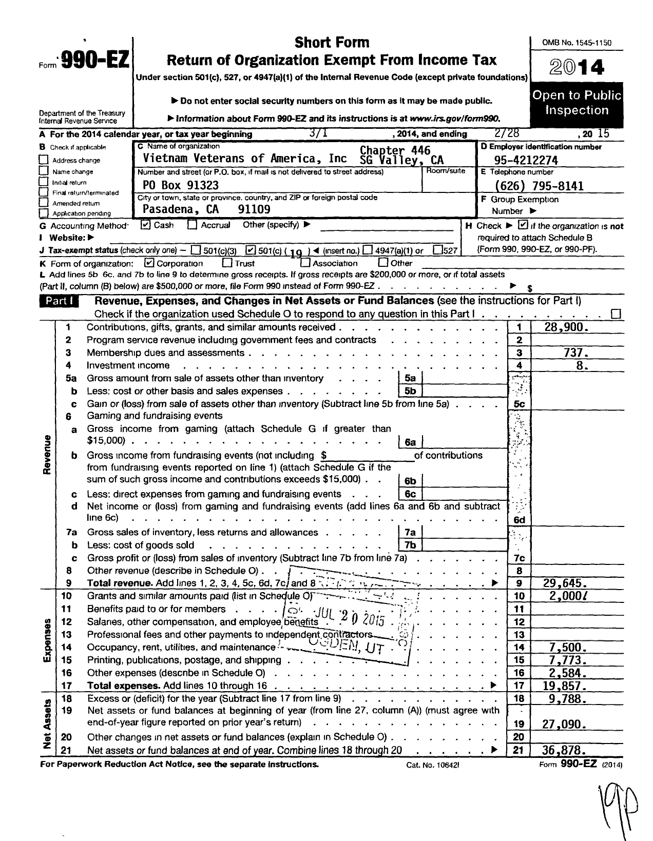 Image of first page of 2014 Form 990EO for Vietnam Veterans of America - 446 Vva Chapter